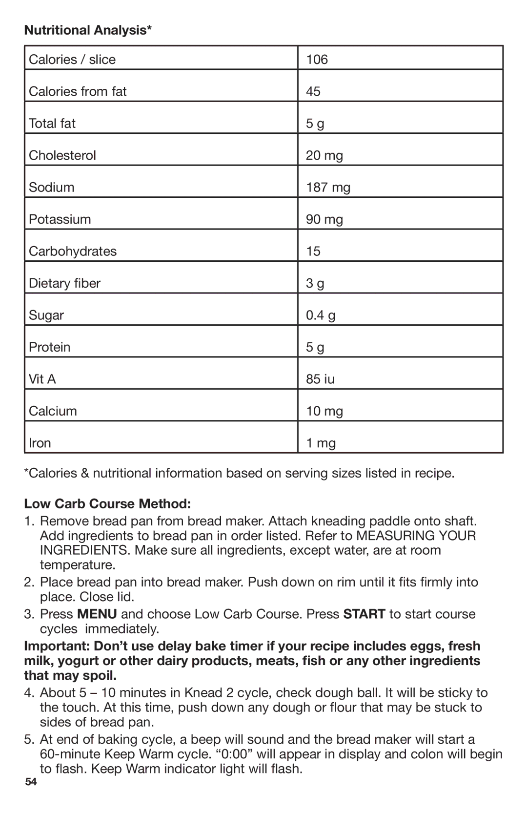 Breadman TR2700, Stainless Steel Convection Bread Maker manual Nutritional Analysis, Low Carb Course Method 