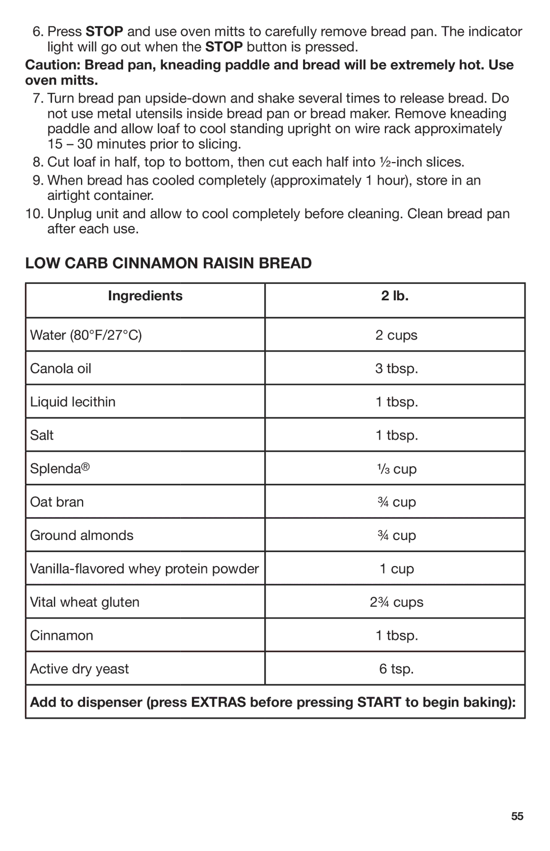 Breadman Stainless Steel Convection Bread Maker, TR2700 manual LOW Carb Cinnamon Raisin Bread 