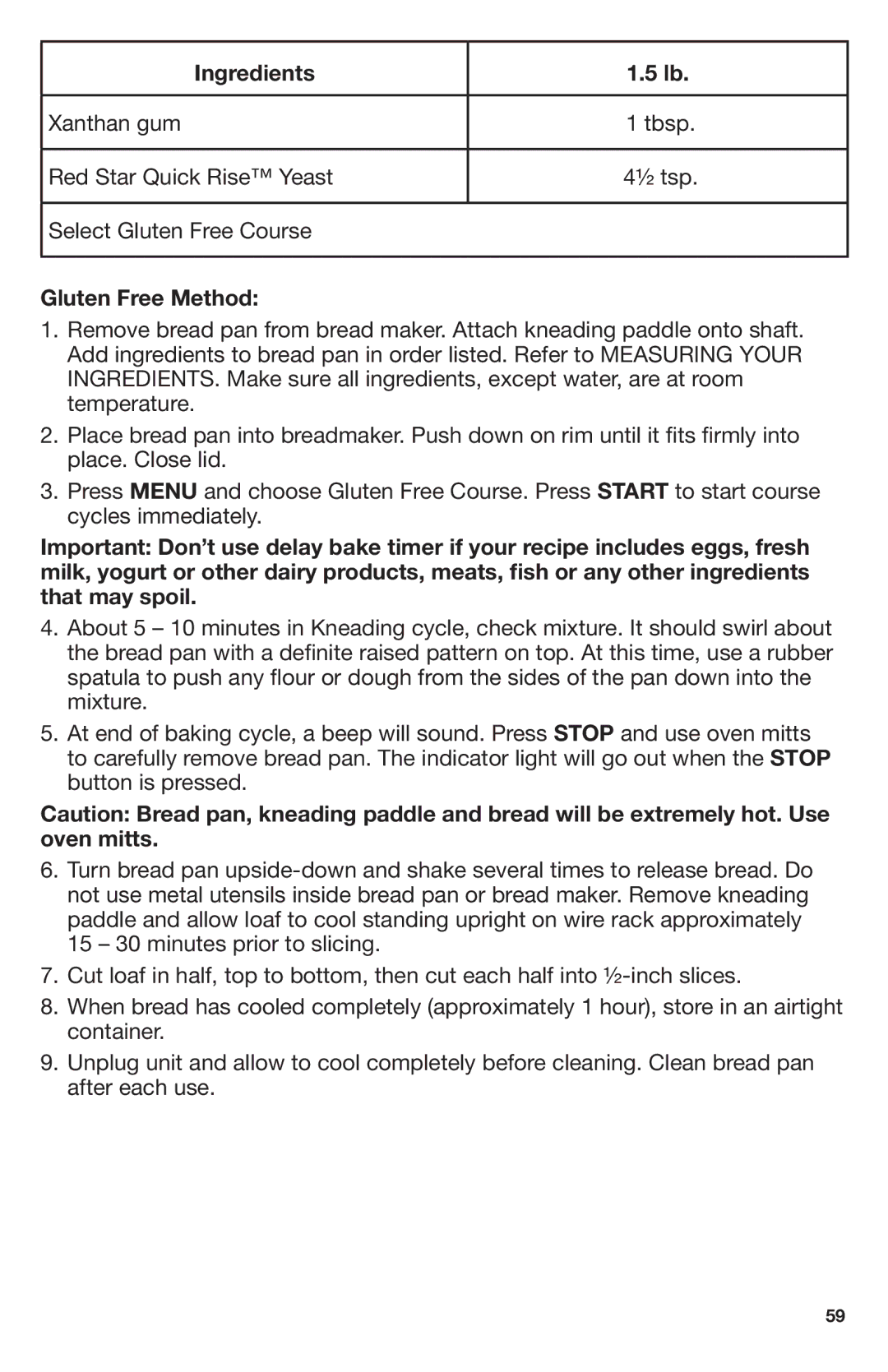 Breadman Stainless Steel Convection Bread Maker, TR2700 manual Gluten Free Method 