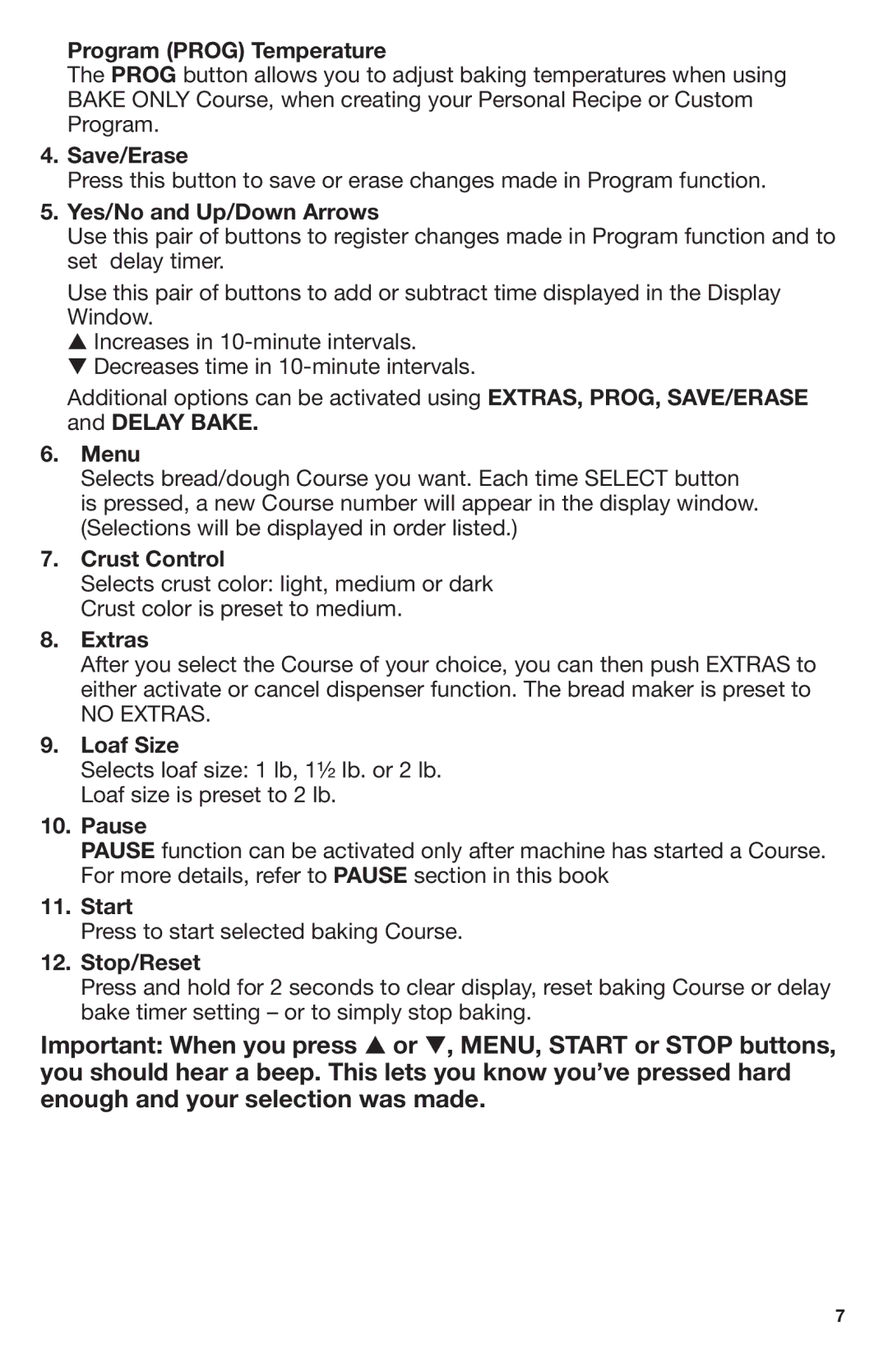 Breadman Stainless Steel Convection Bread Maker Program Prog Temperature, Save/Erase, Yes/No and Up/Down Arrows, Menu 