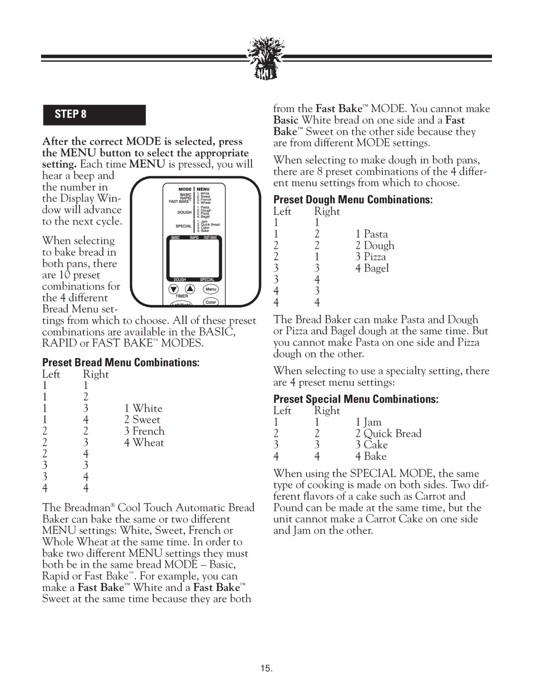 Breadman TR2828G Preset Bread Menu Combinations, Preset Dough Menu Combinations, Preset Special Menu Combinations 