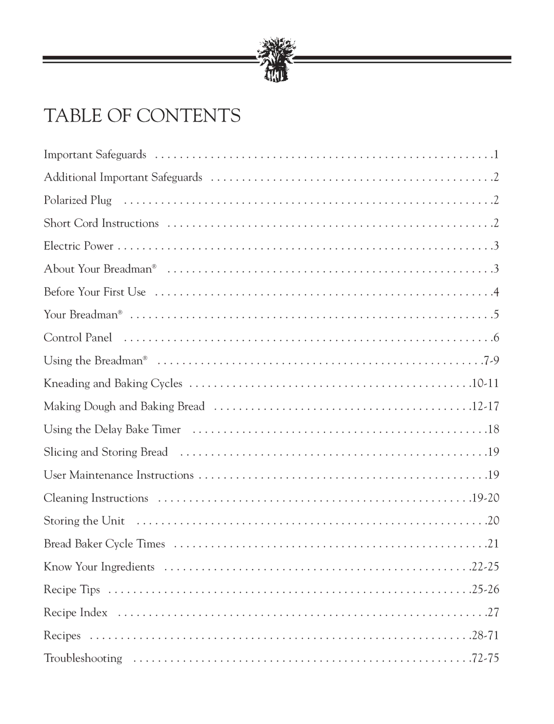 Breadman TR2828G instruction manual Table of Contents 