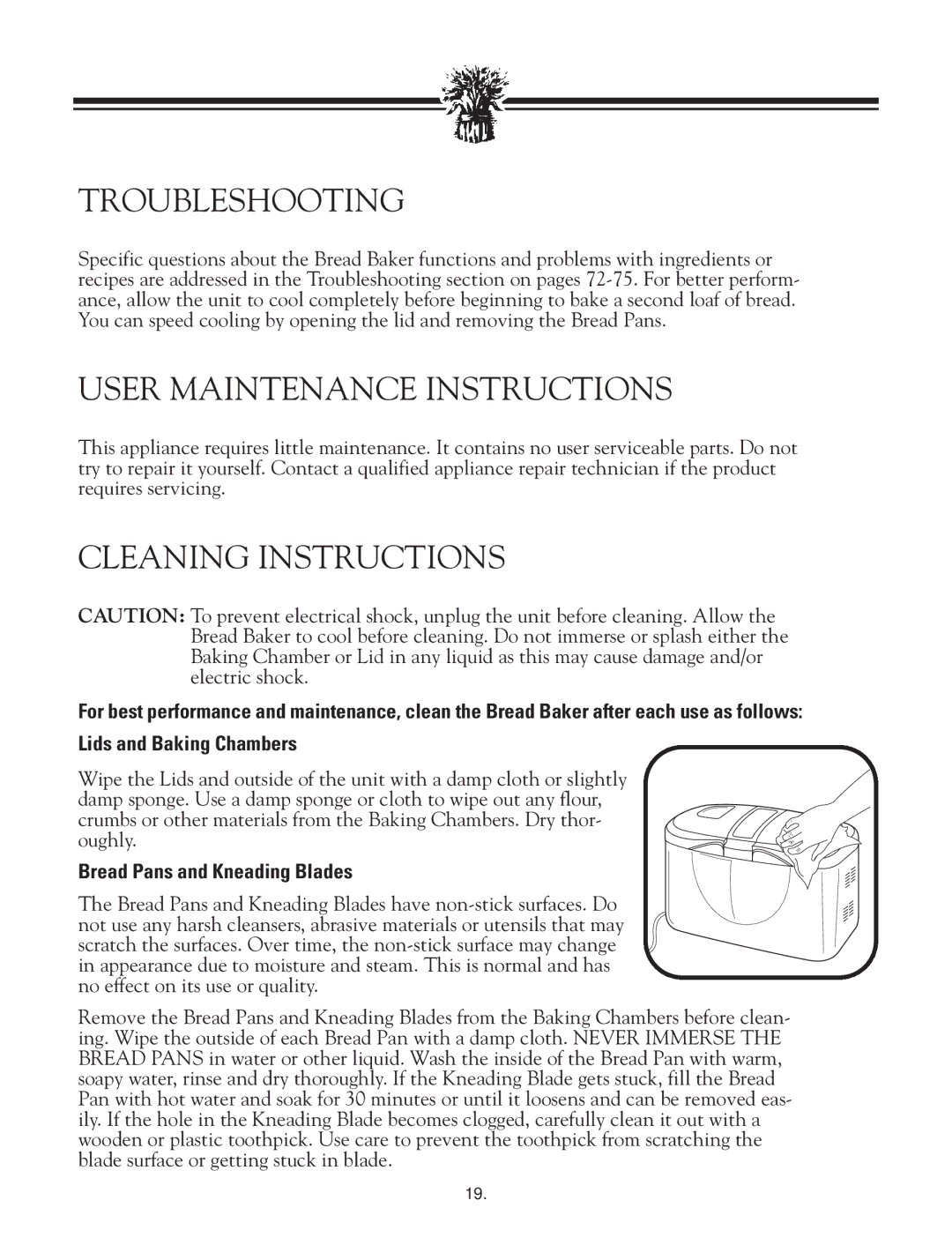 Breadman TR2828G Troubleshooting, User Maintenance Instructions, Cleaning Instructions, Bread Pans and Kneading Blades 