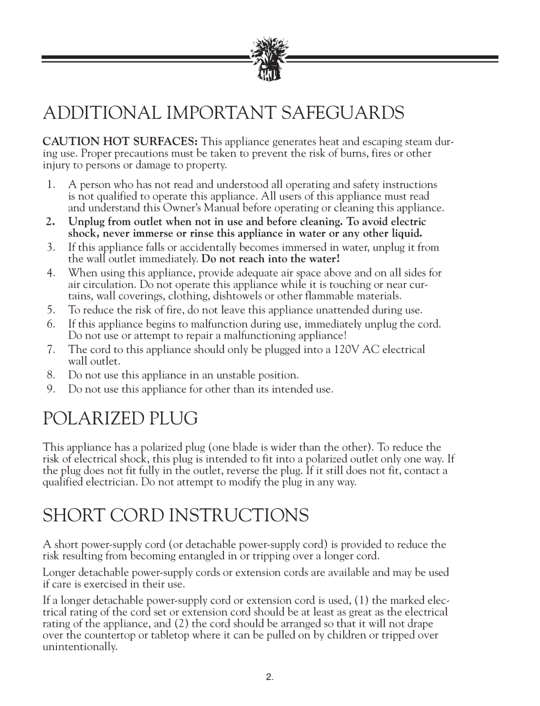 Breadman TR2828G instruction manual Additional Important Safeguards, Polarized Plug, Short Cord Instructions 