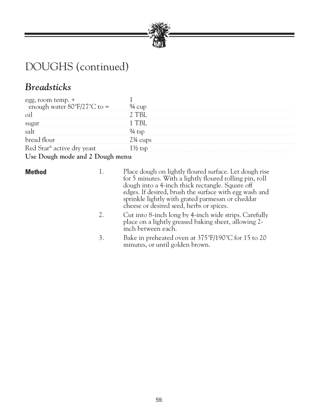 Breadman TR2828G instruction manual Breadsticks 