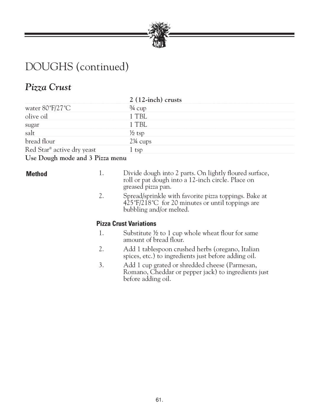 Breadman TR2828G instruction manual Inch crusts, Use Dough mode and 3 Pizza menu, Pizza Crust Variations 