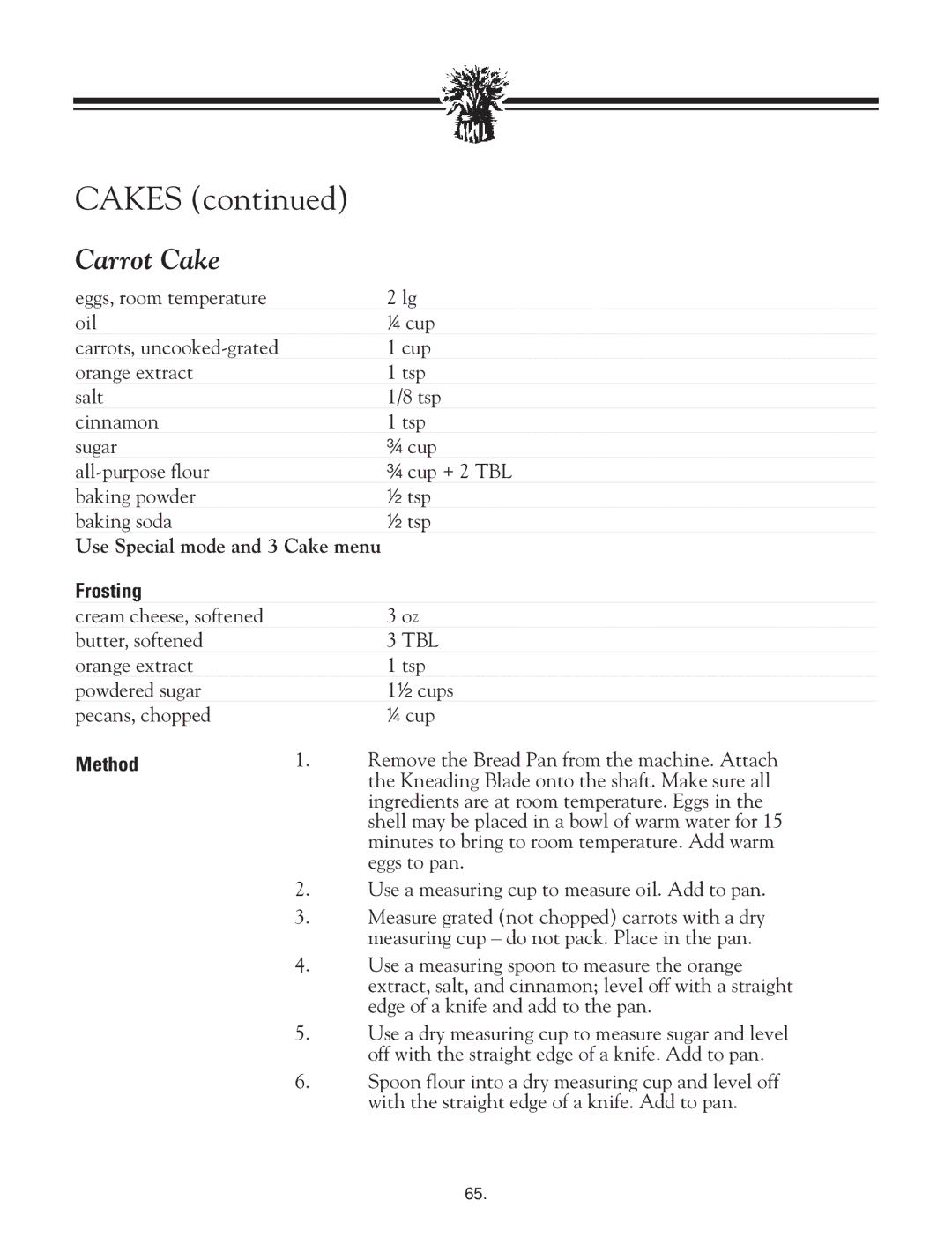 Breadman TR2828G instruction manual Carrot Cake, Frosting 