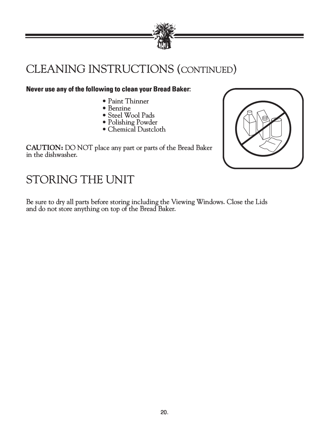 Breadman TR2828G Cleaning Instructions Continued, Storing The Unit, Paint Thinner Benzine Steel Wool Pads 