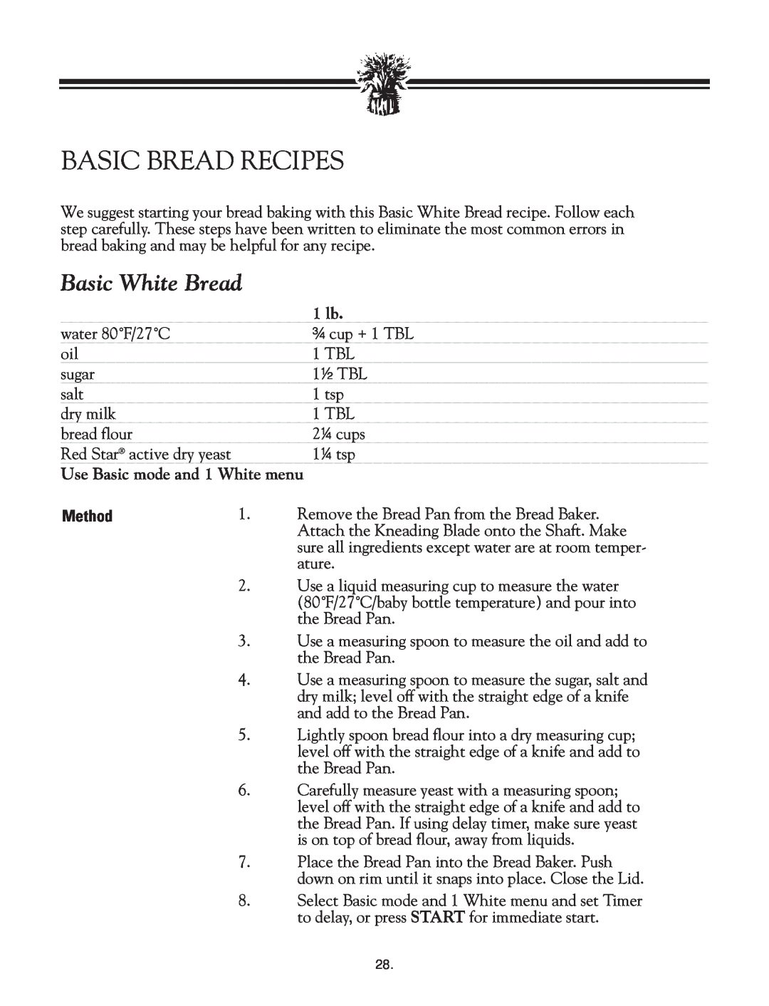Breadman TR2828G instruction manual Basic Bread Recipes, Basic White Bread 