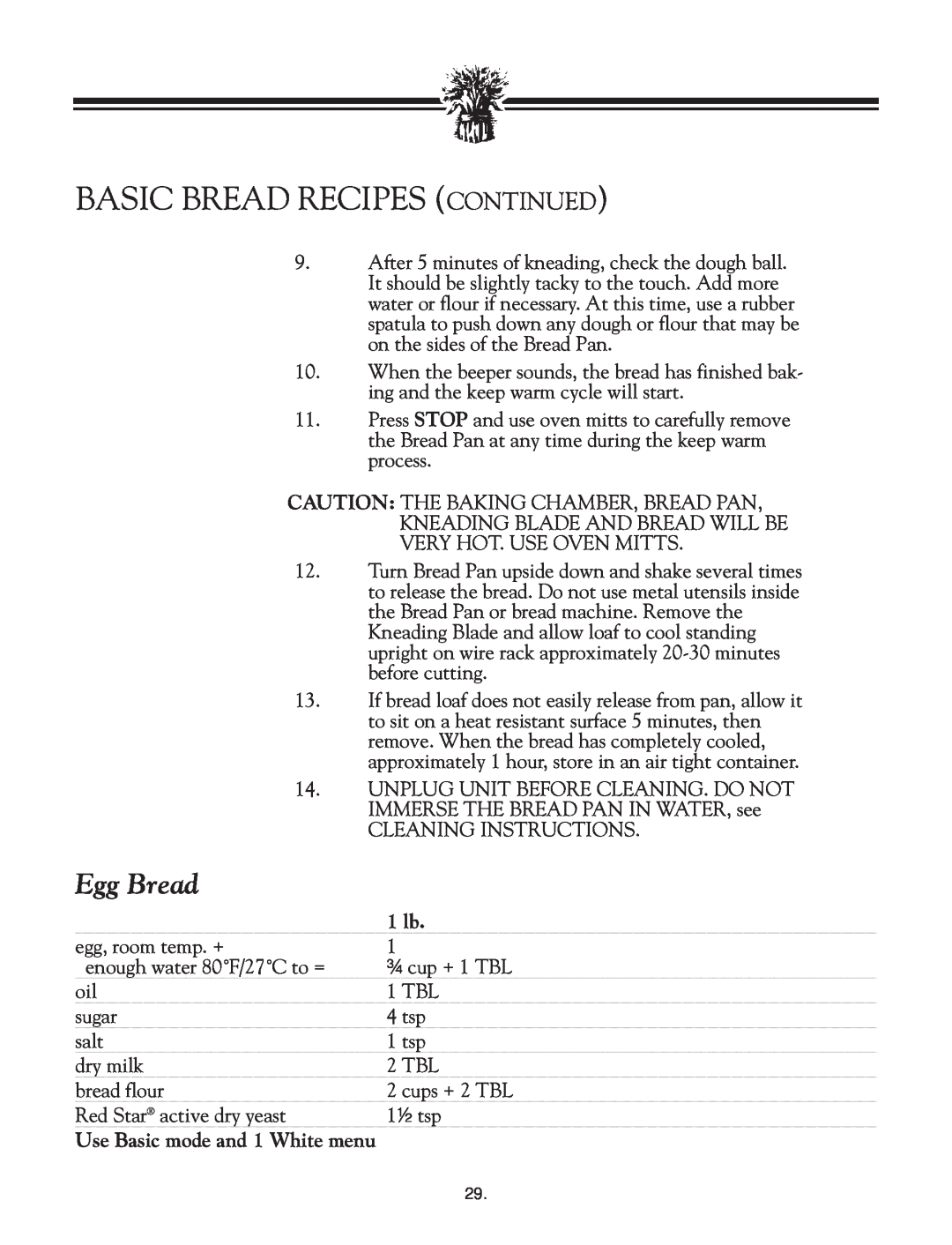 Breadman TR2828G instruction manual Basic Bread Recipes Continued, Egg Bread 