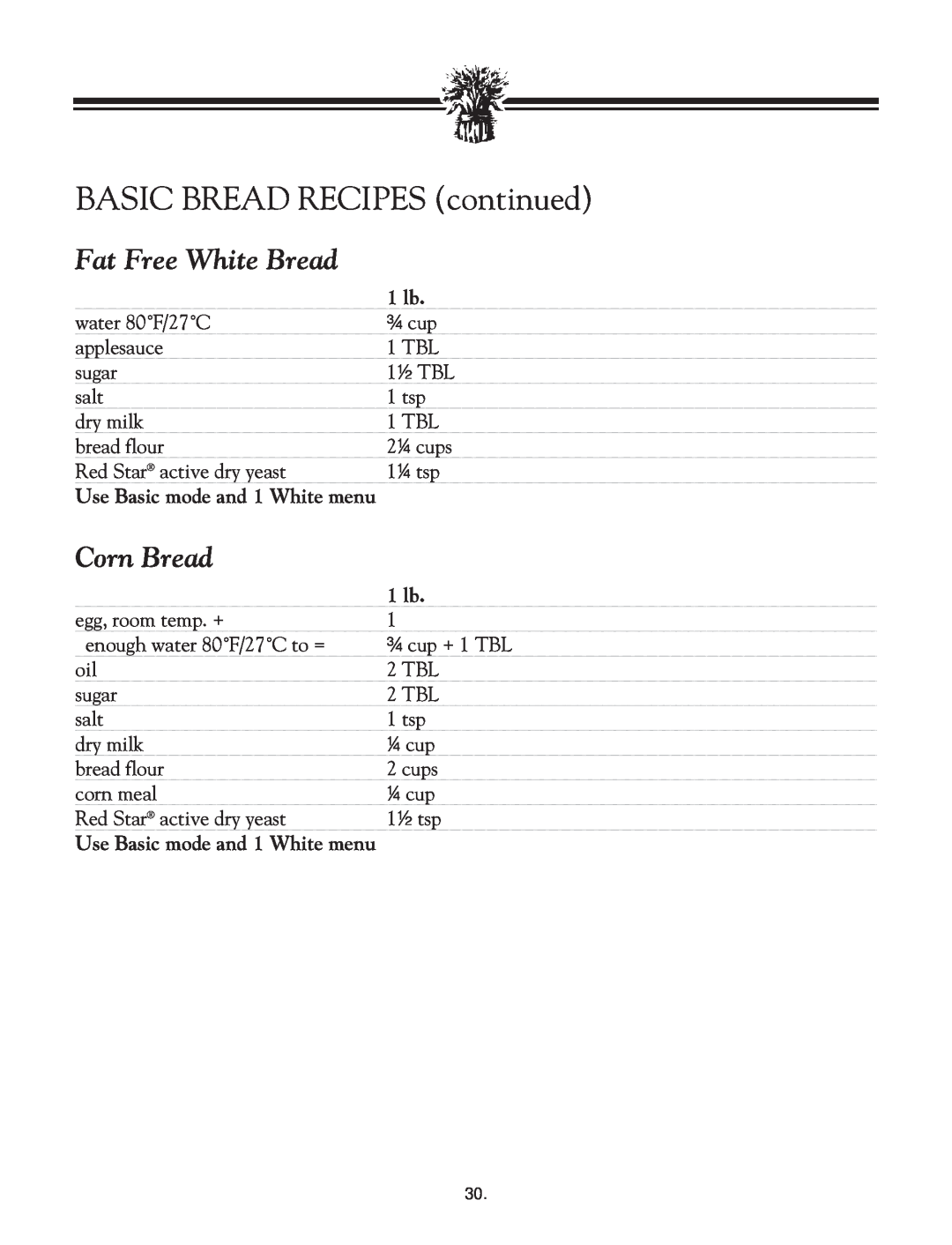 Breadman TR2828G instruction manual BASIC BREAD RECIPES continued, Fat Free White Bread, Corn Bread 