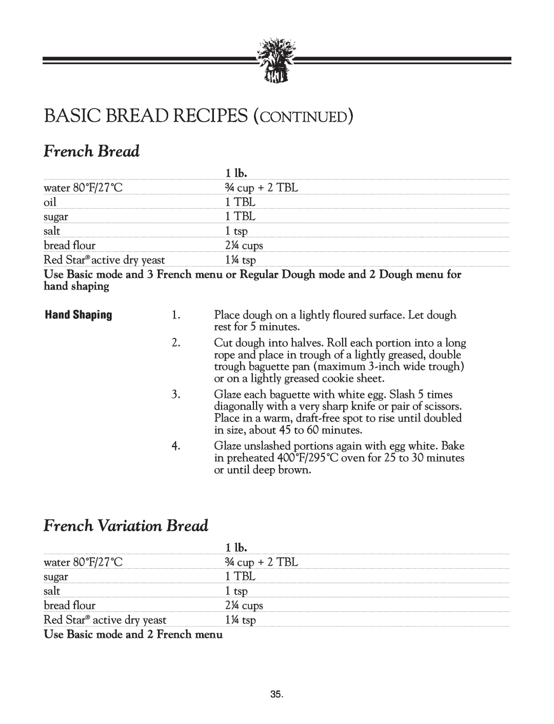 Breadman TR2828G instruction manual French Bread, French Variation Bread, Hand Shaping, Basic Bread Recipes Continued 