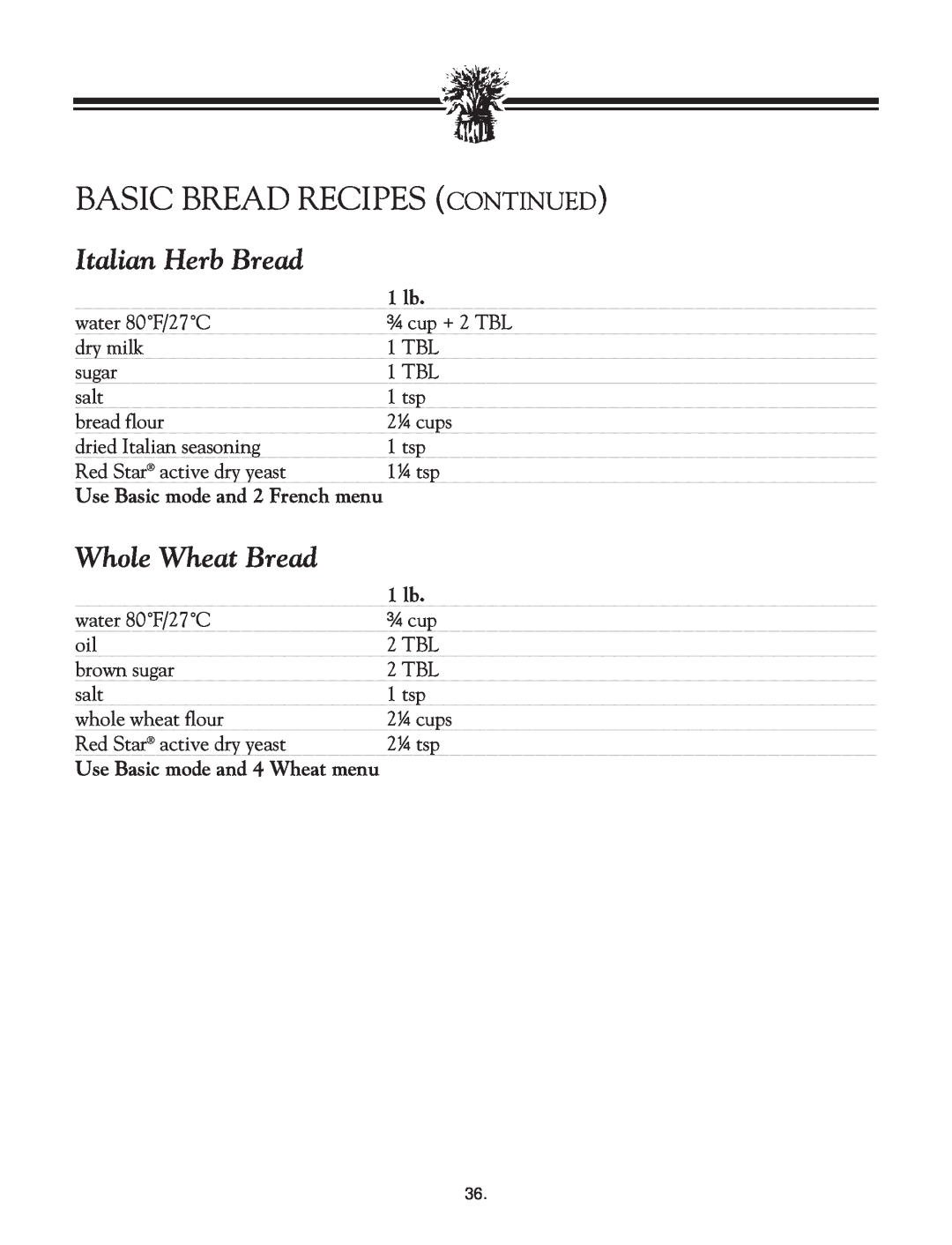 Breadman TR2828G instruction manual Italian Herb Bread, Whole Wheat Bread, Basic Bread Recipes Continued, 1 lb 