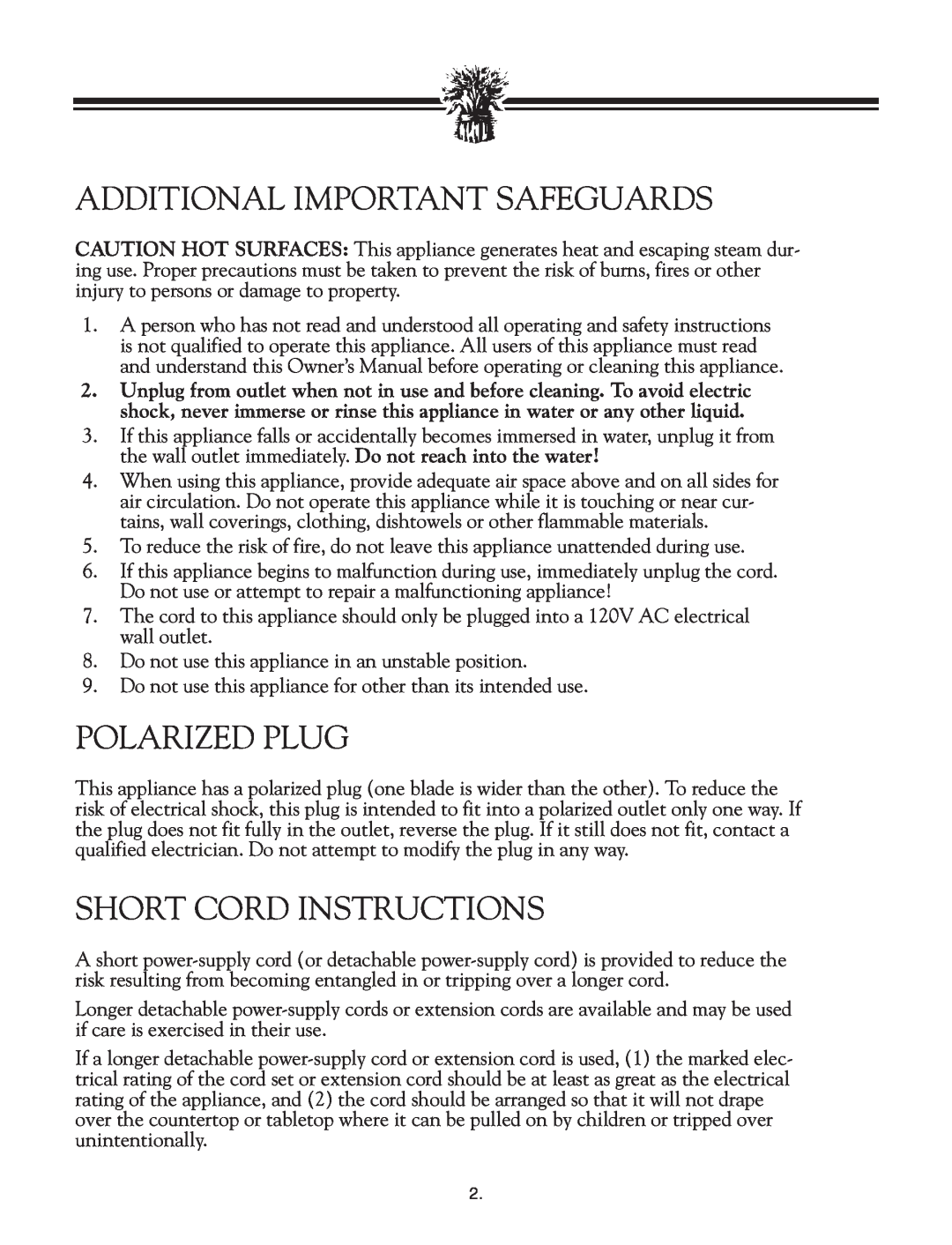 Breadman TR2828G instruction manual Additional Important Safeguards, Polarized Plug, Short Cord Instructions 