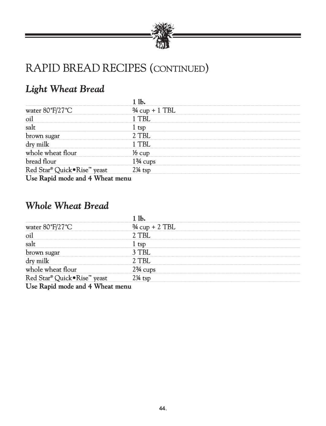 Breadman TR2828G instruction manual Rapid Bread Recipes Continued, Light Wheat Bread, Whole Wheat Bread, water 80˚F/27˚C 