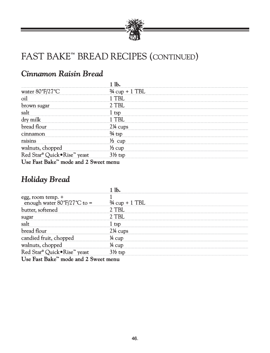 Breadman TR2828G instruction manual Fast Bake Bread Recipes Continued, Holiday Bread, Cinnamon Raisin Bread 