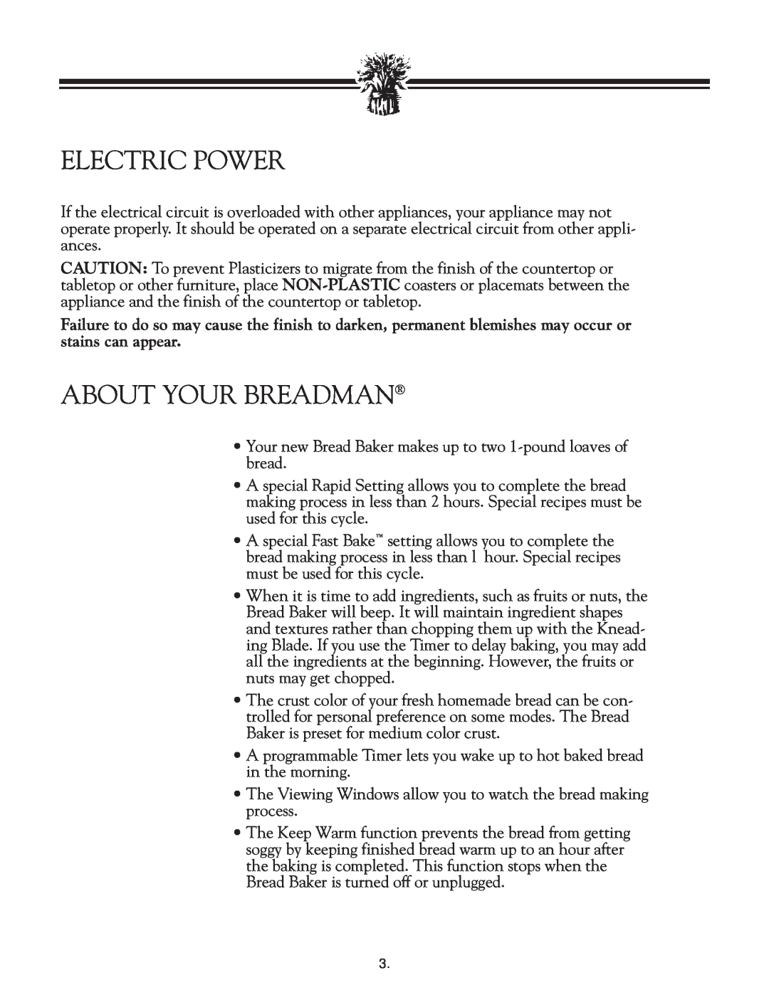 Breadman TR2828G instruction manual Electric Power, About Your Breadman 