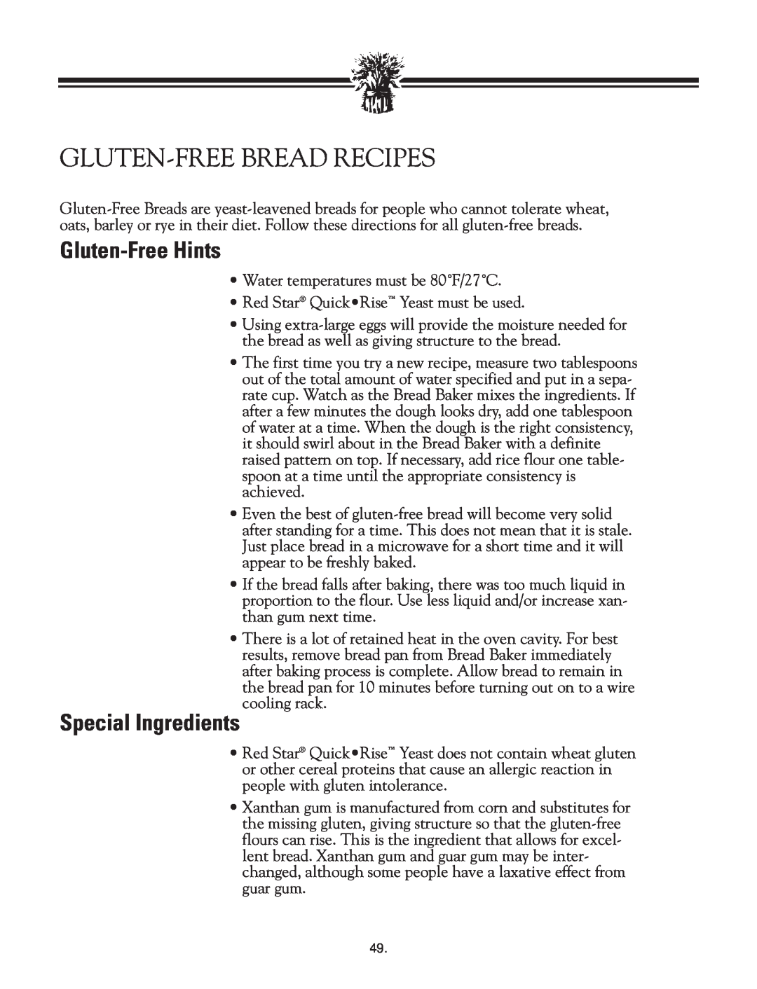 Breadman TR2828G instruction manual Gluten-Freebread Recipes, Gluten-FreeHints, Special Ingredients 