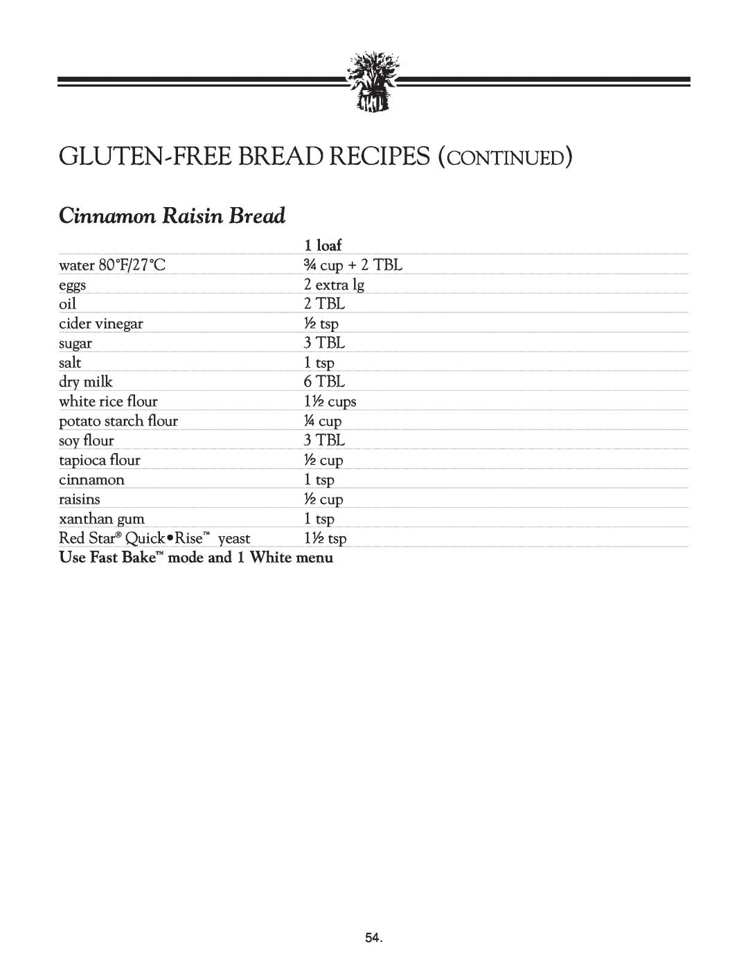 Breadman TR2828G instruction manual Gluten-Freebread Recipes Continued, Cinnamon Raisin Bread 