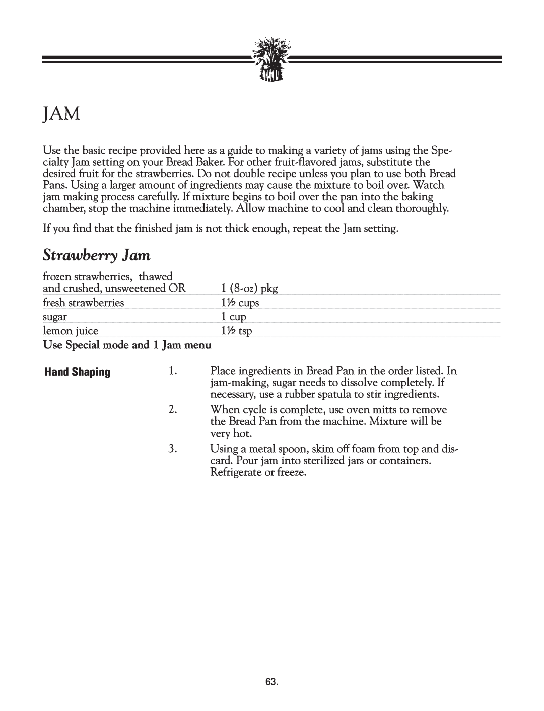 Breadman TR2828G instruction manual Strawberry Jam, Hand Shaping 