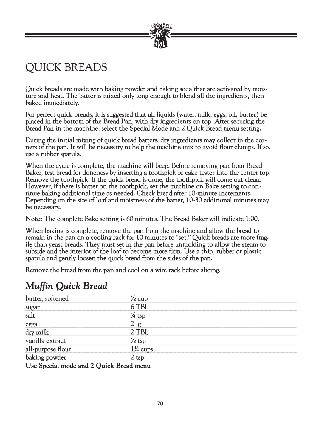 Breadman TR2828G instruction manual Quick Breads, Muffin Quick Bread 