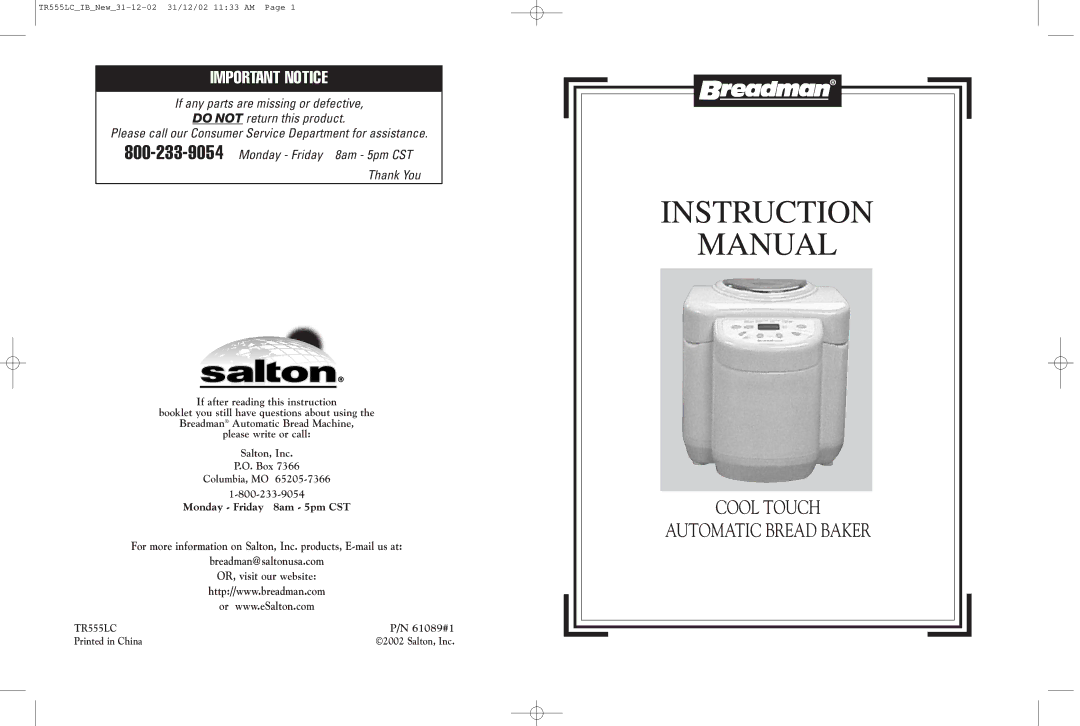 Breadman TR520 manual Important Notice, 61089#1 