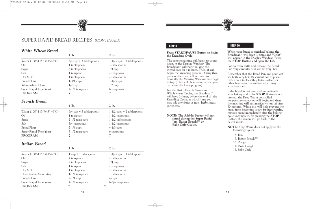 Breadman TR520 manual White Wheat Bread, French Bread, Italian Bread, Press START/PAUSE Button to begin the Kneading Cycle 