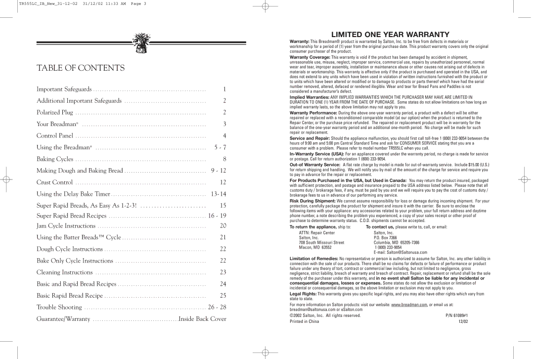 Breadman TR520 manual Table of Contents 