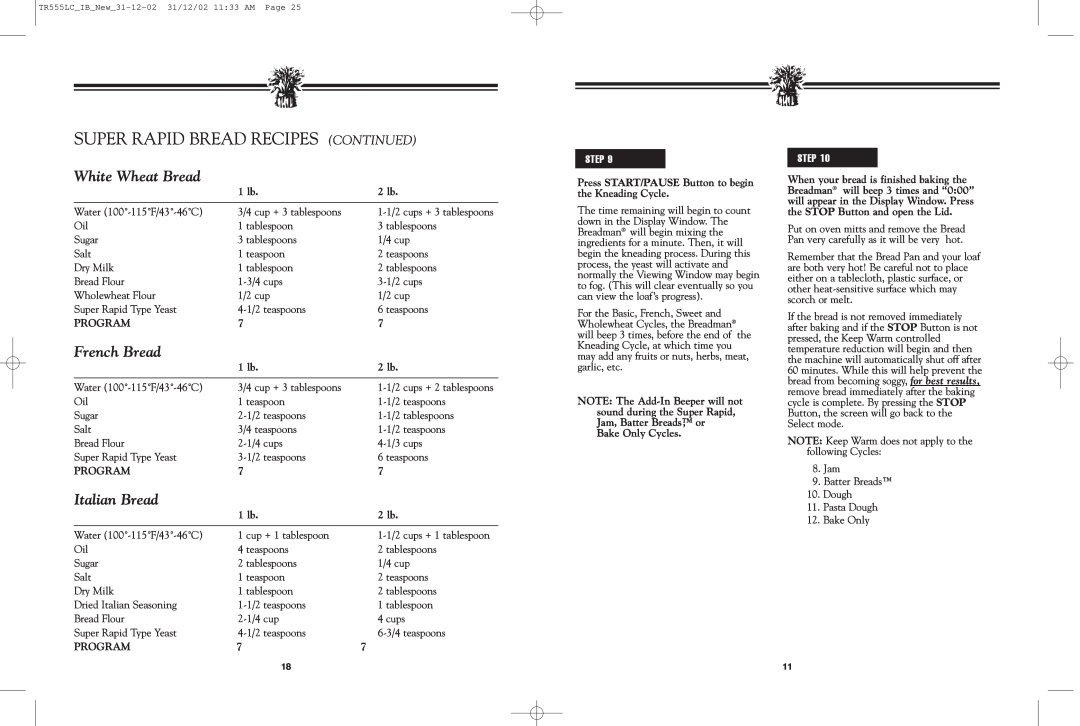 Breadman TR520 manual White Wheat Bread, French Bread, Italian Bread, Super Rapid Bread Recipes Continued, Step 