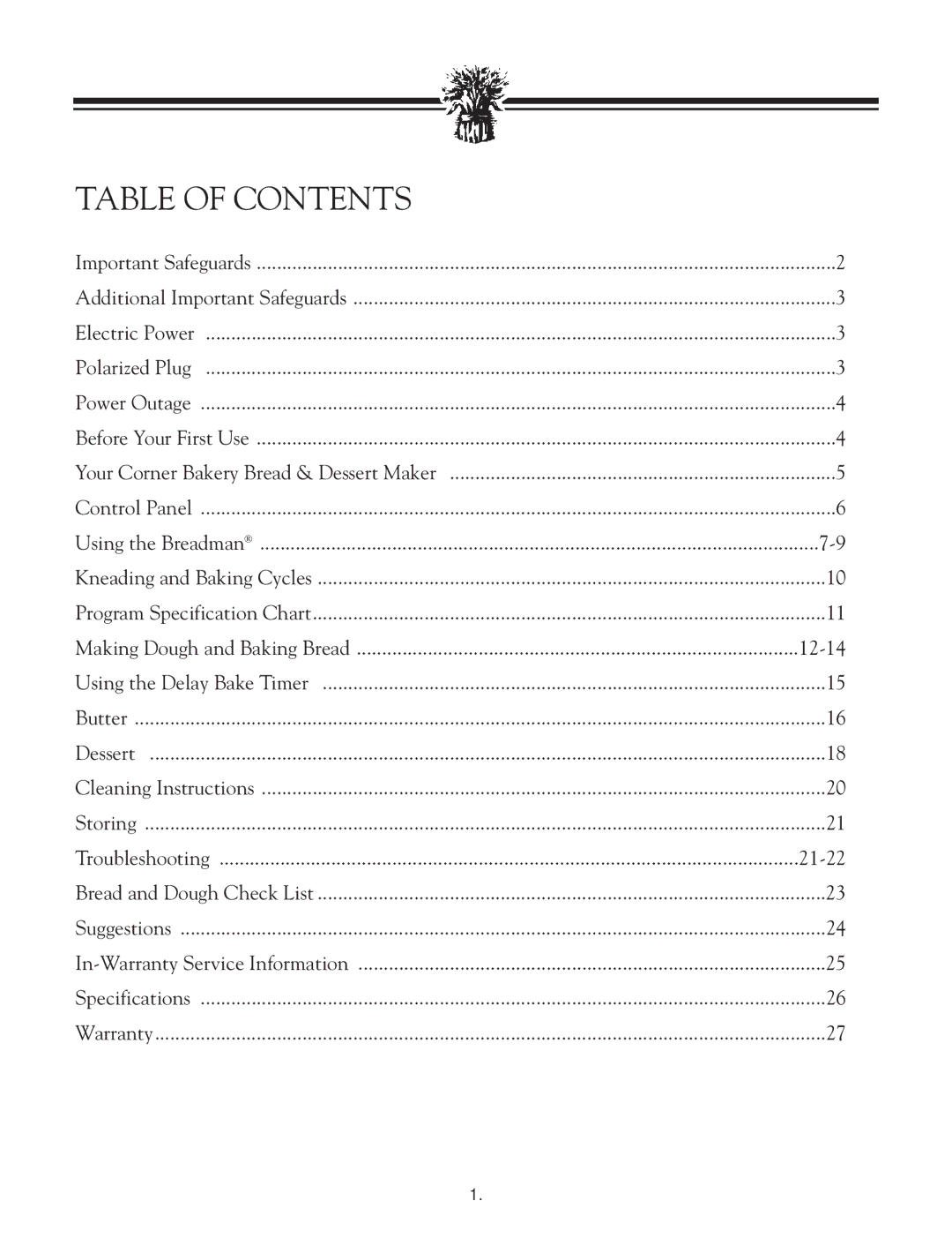 Breadman TR888 instruction manual Table of Contents 