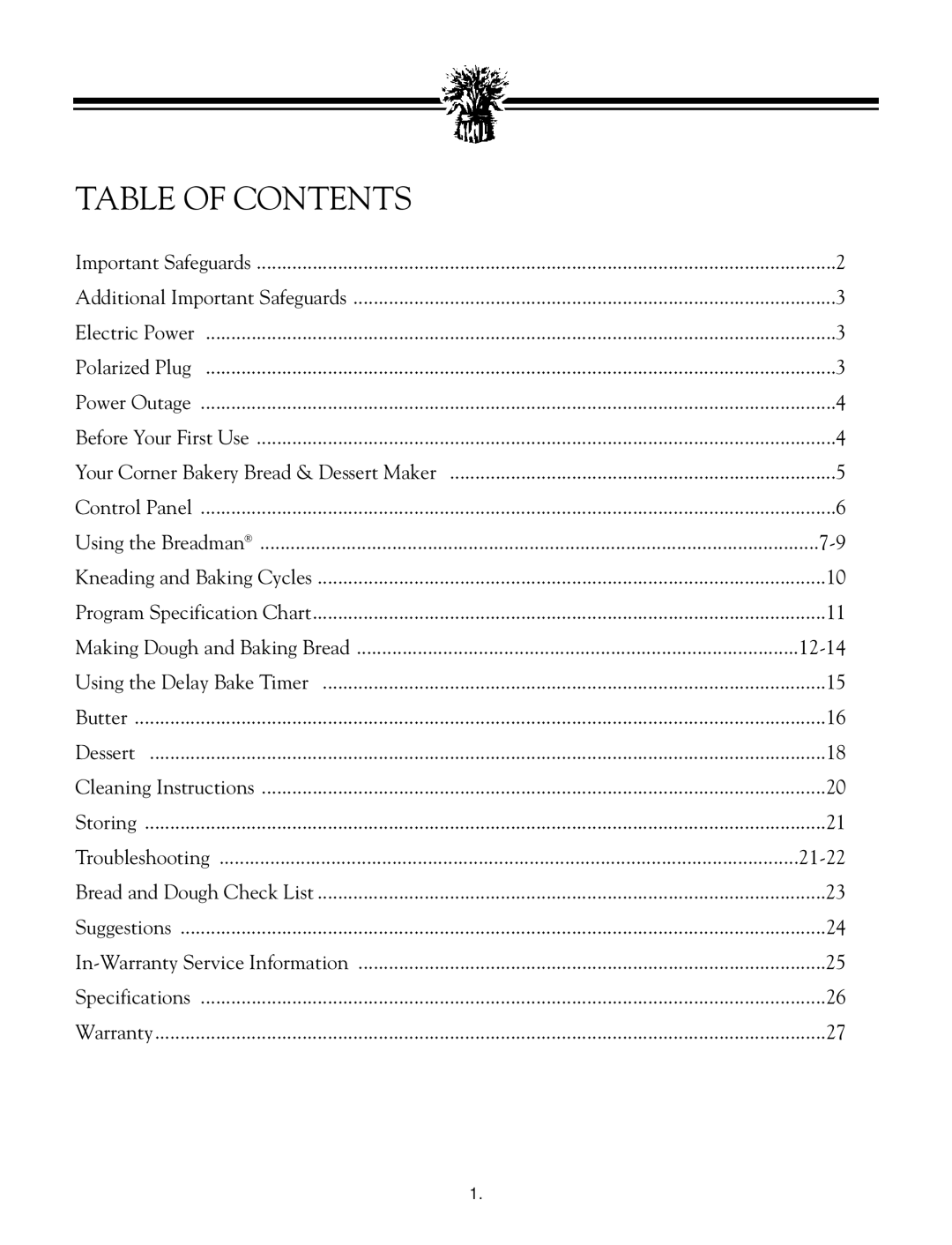 Breadman TR888 instruction manual Table Of Contents 
