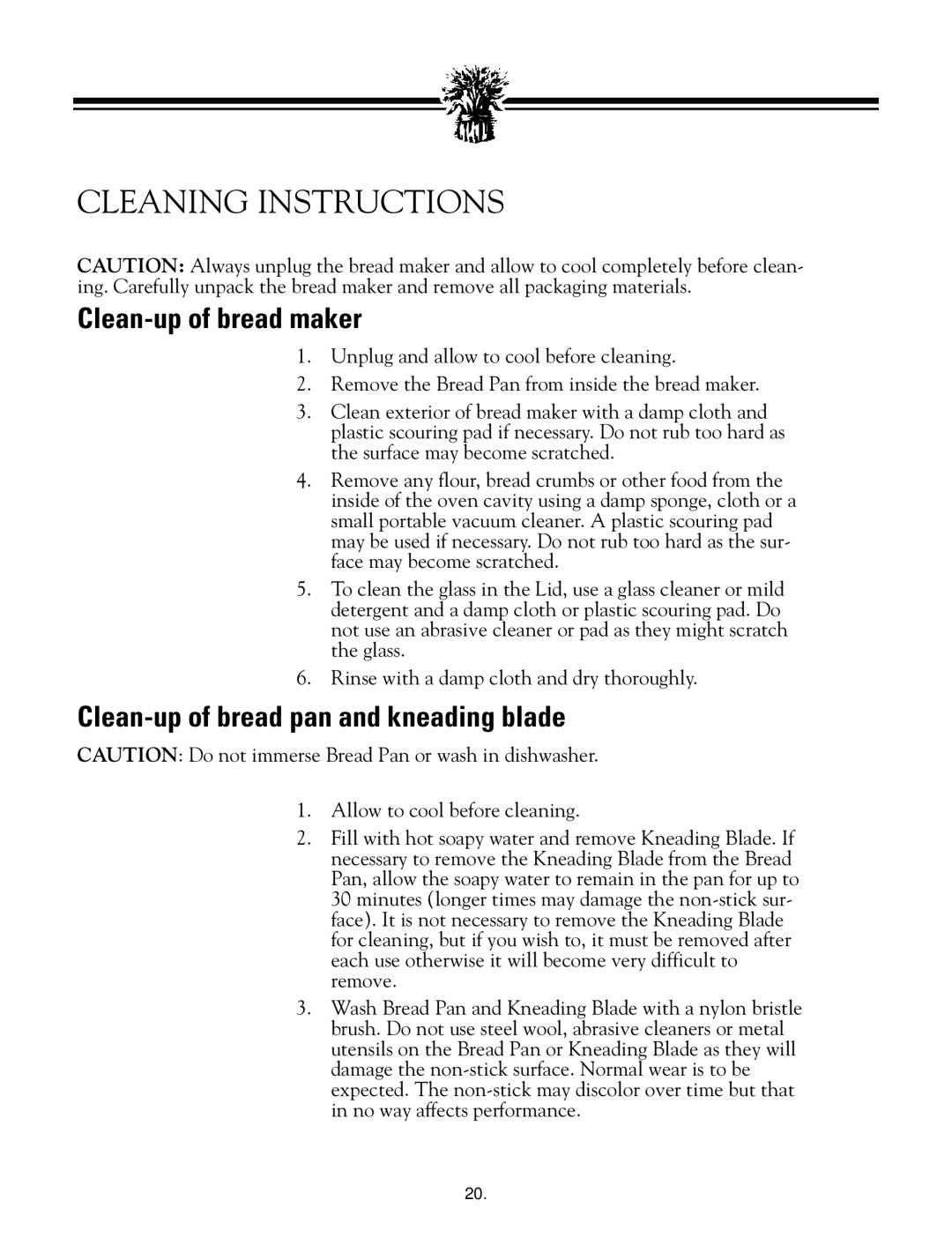 Breadman TR888 instruction manual Cleaning Instructions, Clean-up of bread maker, Clean-up of bread pan and kneading blade 