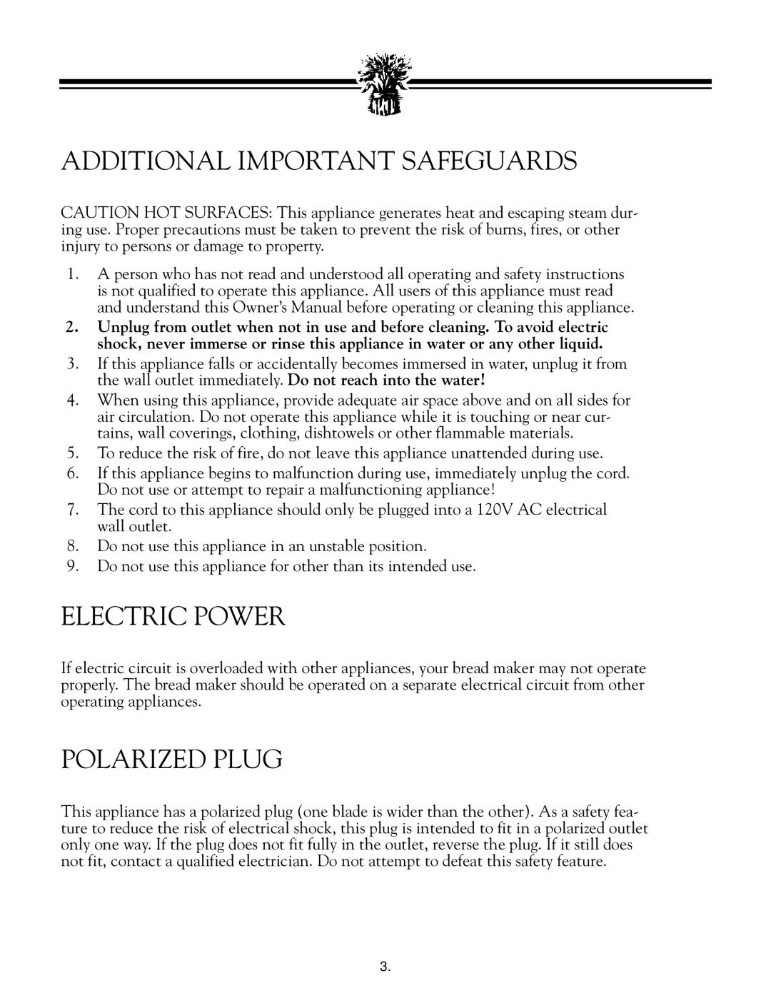 Breadman TR888 instruction manual Additional Important Safeguards, Electric Power, Polarized Plug 