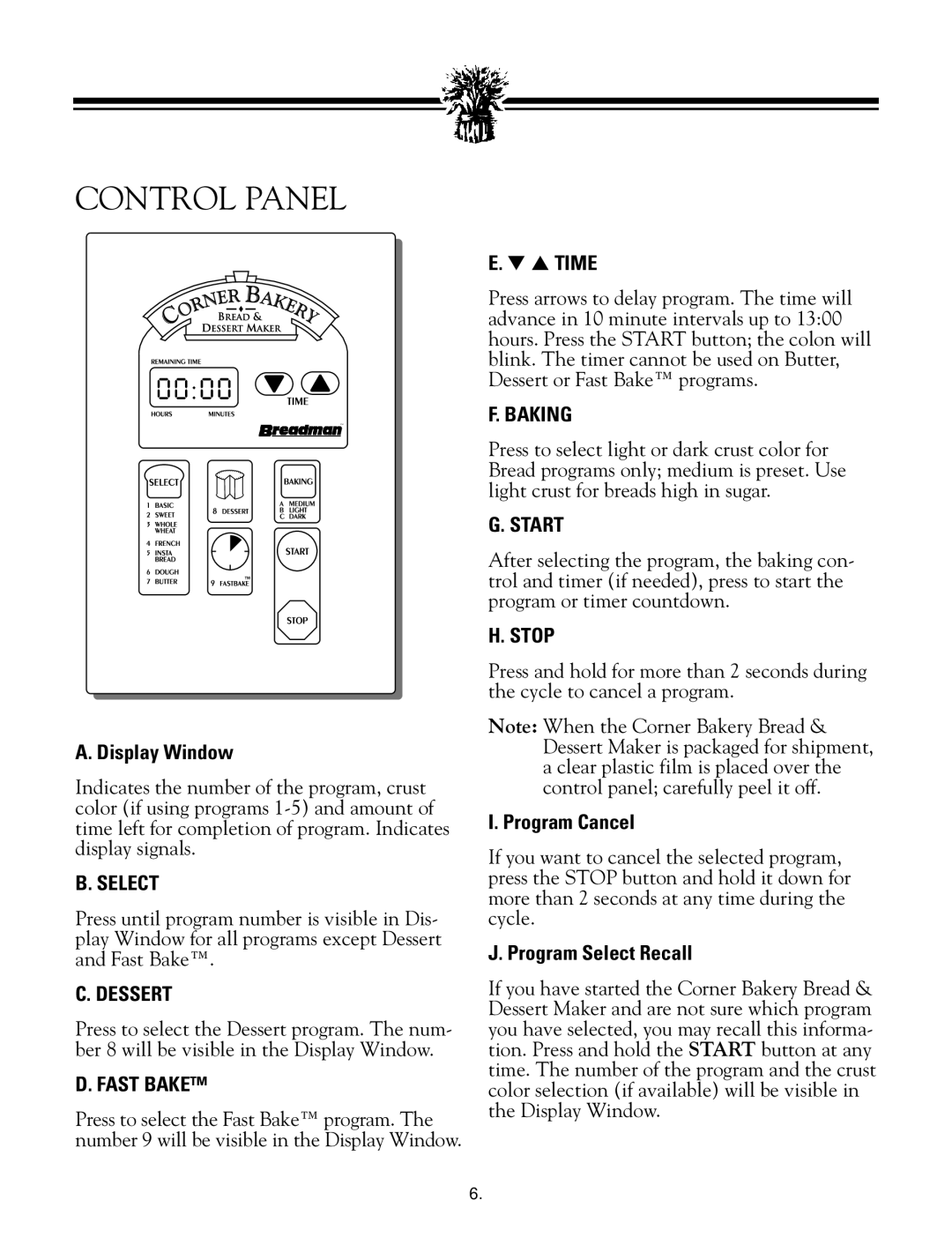 Breadman TR888 instruction manual Control Panel 