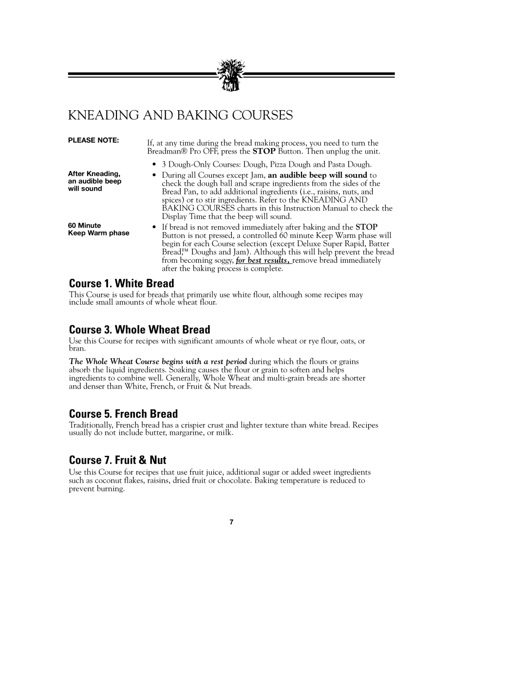 Breadman TR900S_OM instruction manual Kneading and Baking Courses, Course 1. White Bread 