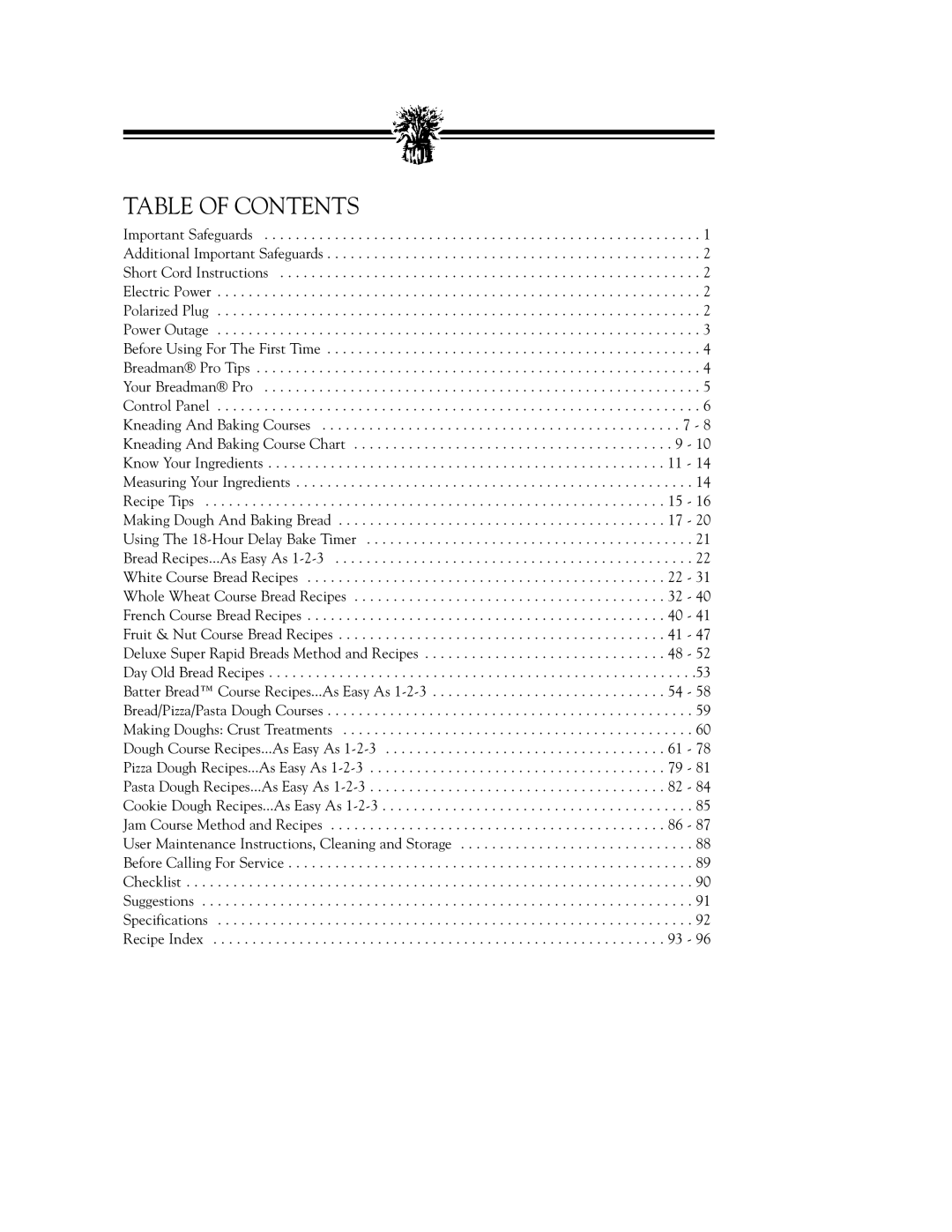 Breadman TR900S_OM instruction manual Table of Contents 