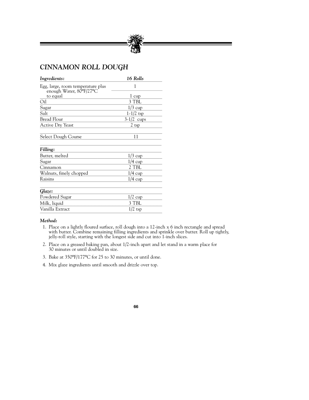 Breadman TR900S_OM instruction manual Cinnamon Roll Dough, Filling, Glaze 