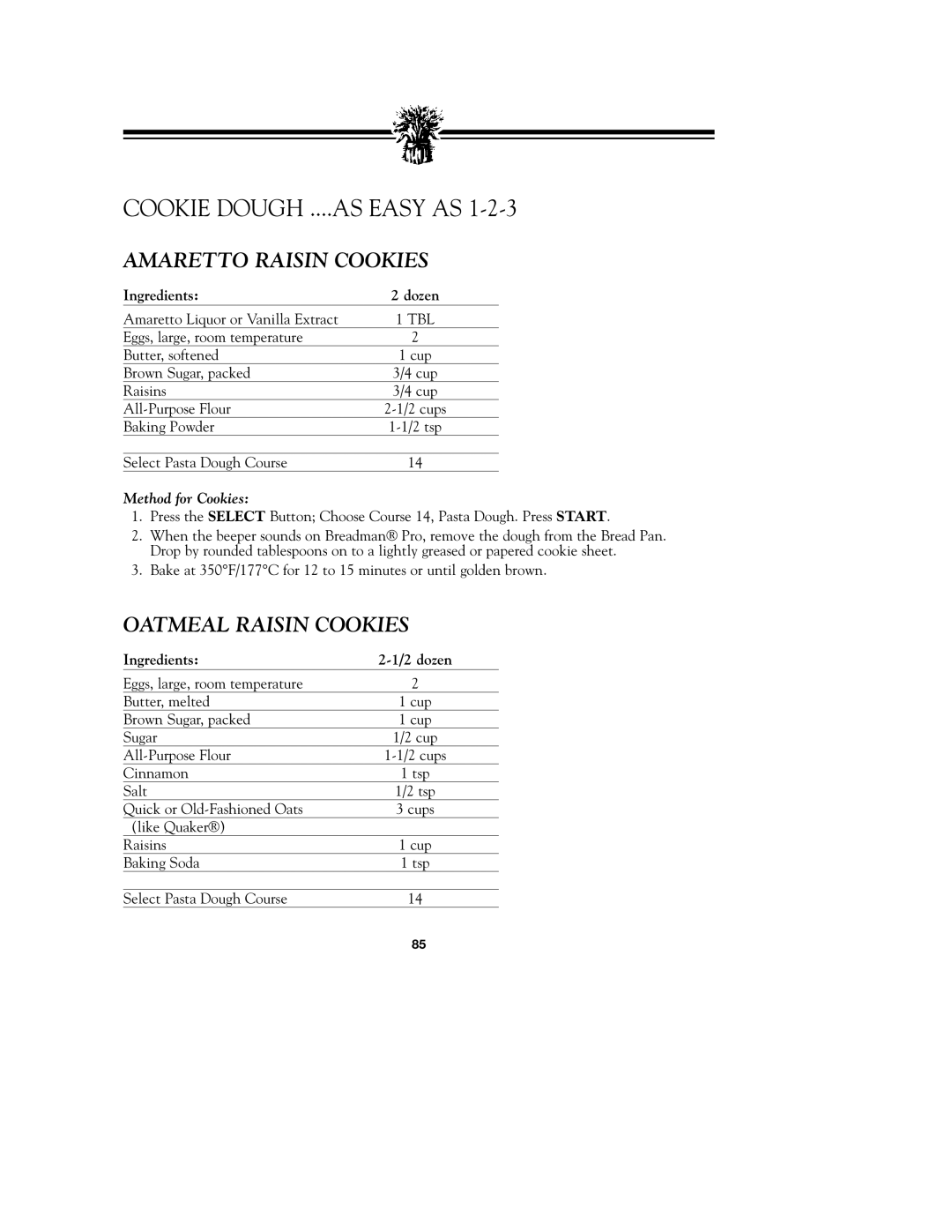 Breadman TR900S_OM Cookie Dough ....AS Easy AS, Amaretto Raisin Cookies, Oatmeal Raisin Cookies, Method for Cookies 
