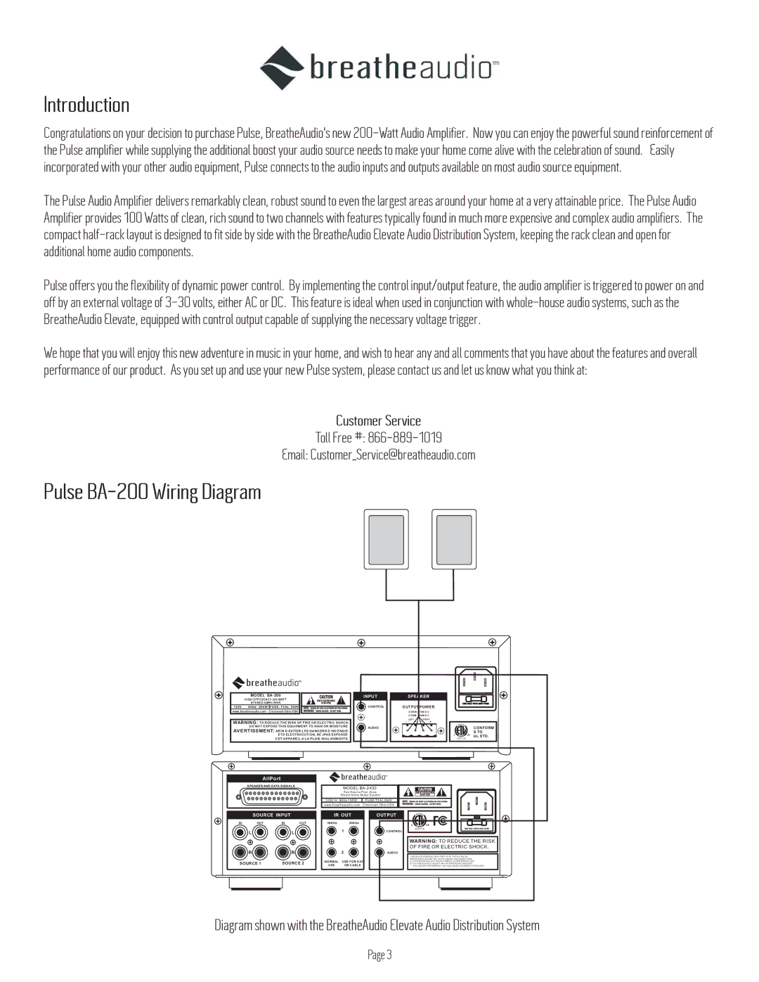 BreatheAudio BA-200 owner manual Introduction, Customer Service 