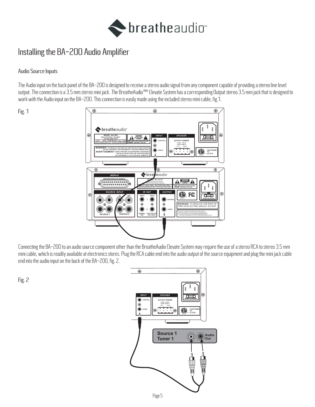 BreatheAudio owner manual Installing the BA-200 Audio Amplifier, Audio Source Inputs 