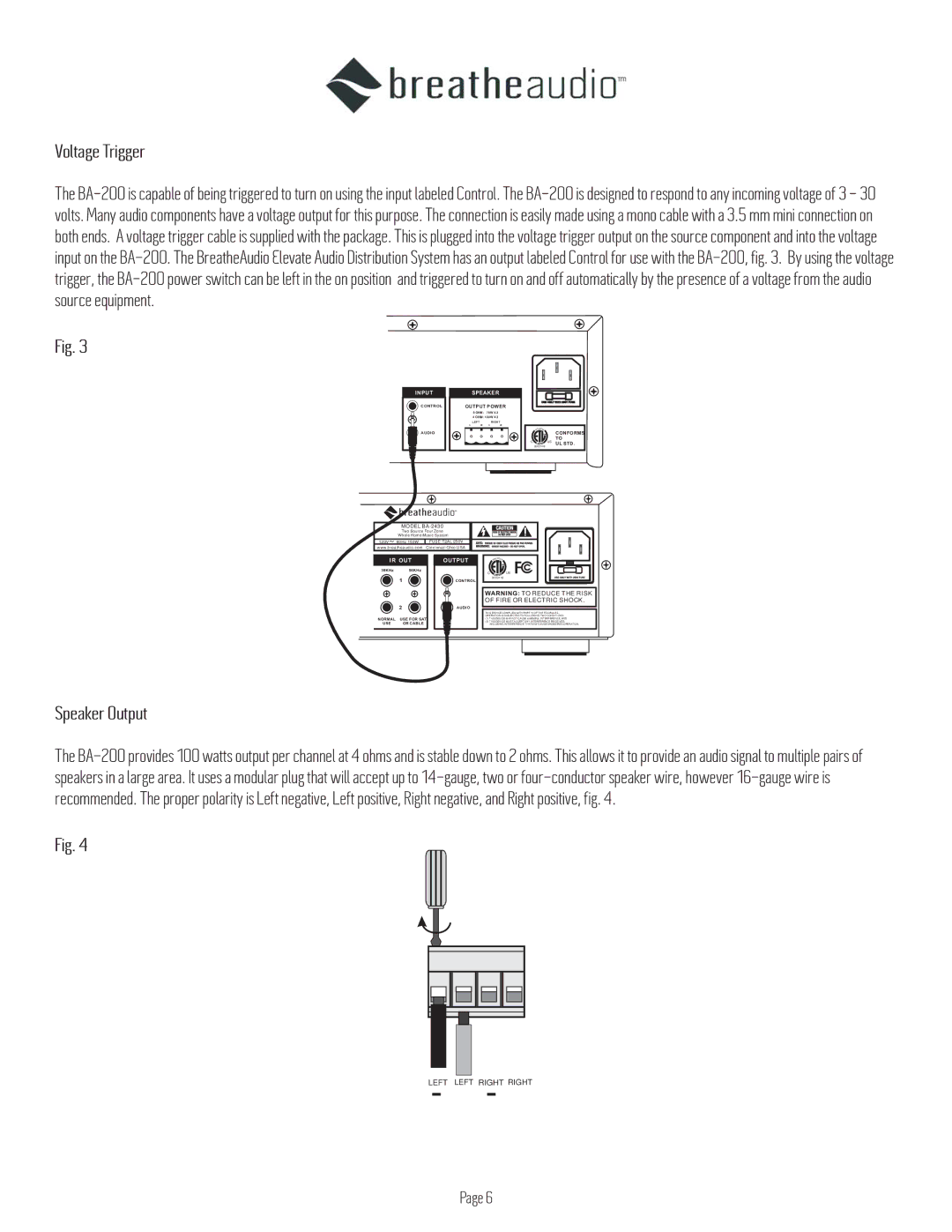 BreatheAudio BA-200 owner manual Voltage Trigger, Speaker Output 