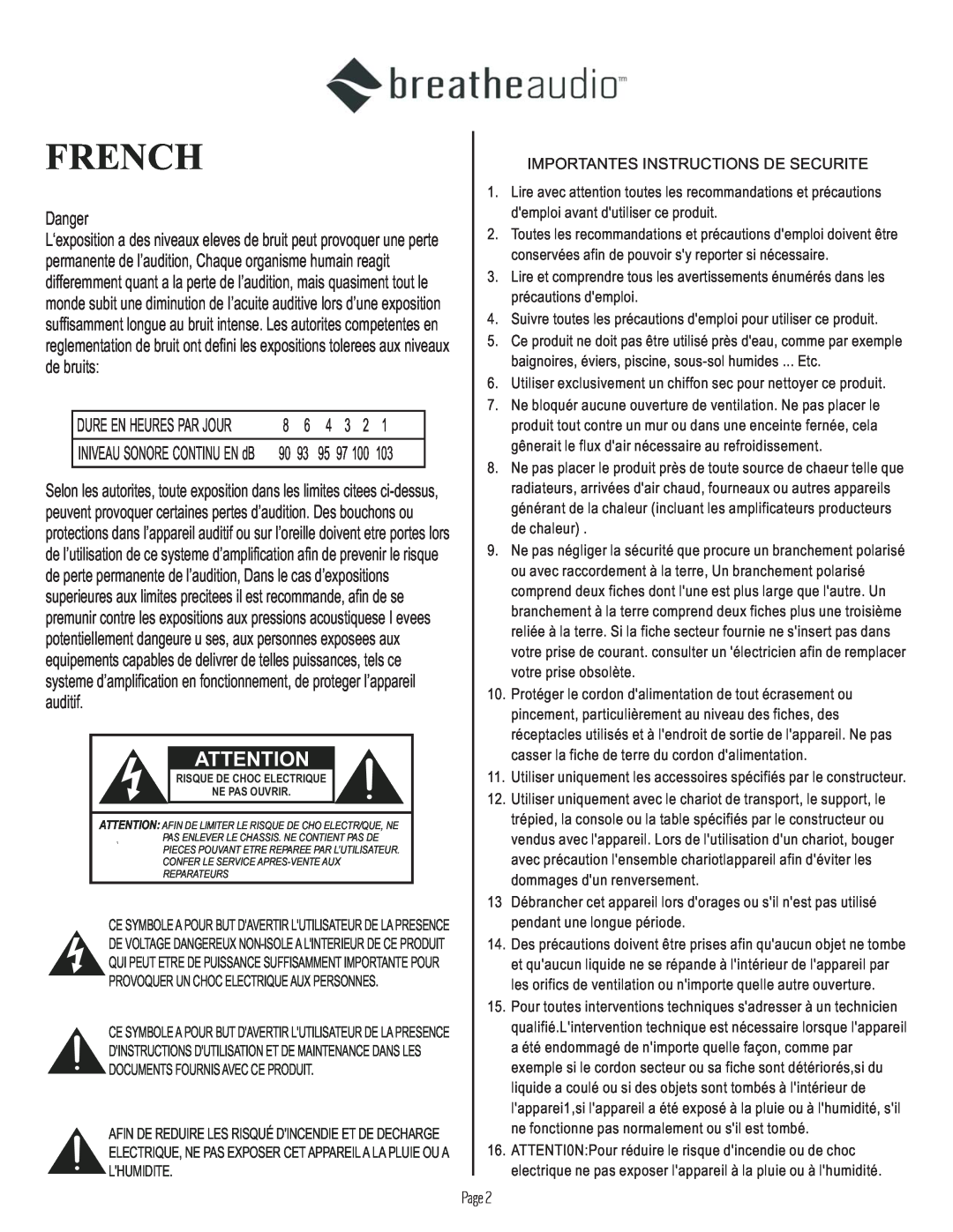 BreatheAudio BA-200 owner manual French, Danger 