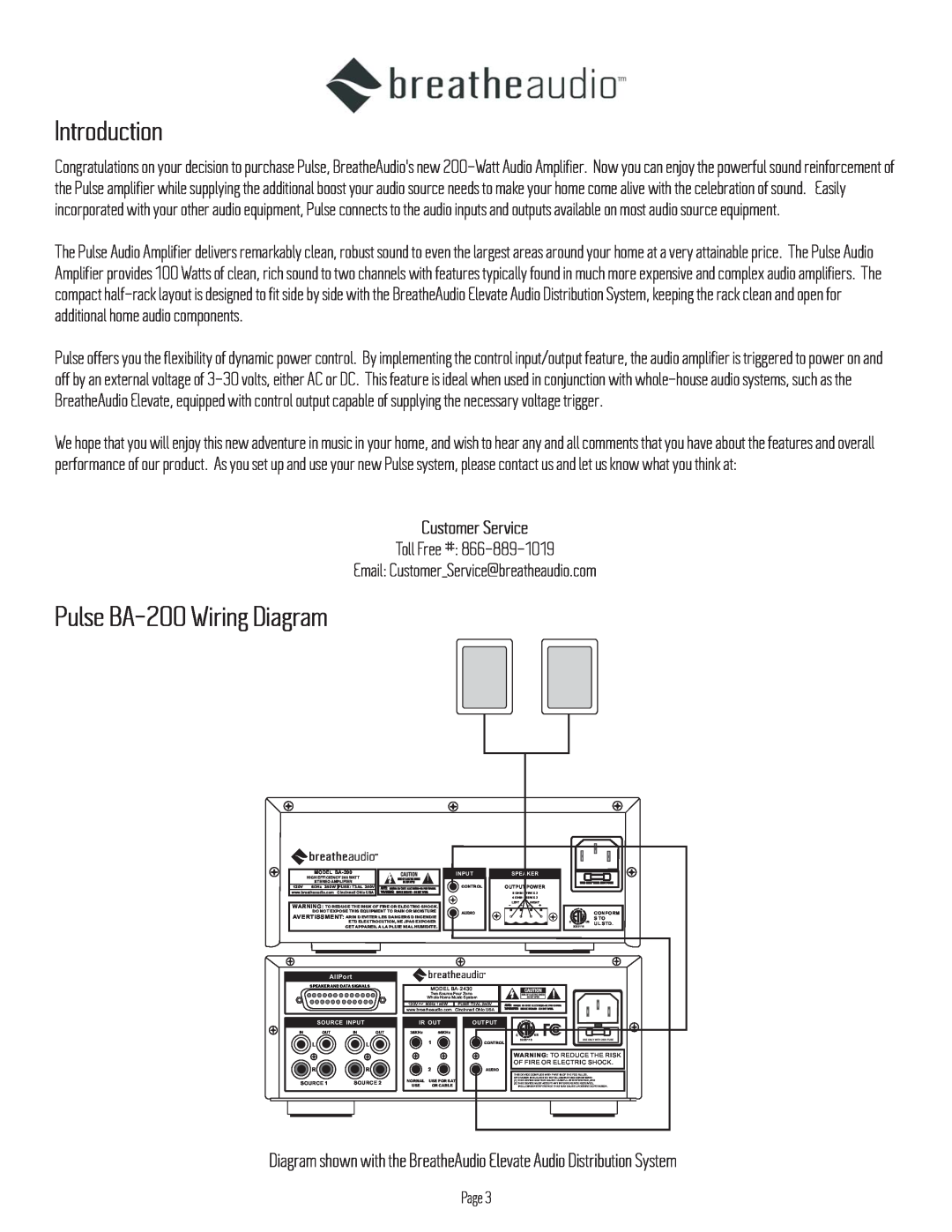 BreatheAudio owner manual Introduction, Pulse BA-200Wiring Diagram, Customer Service 