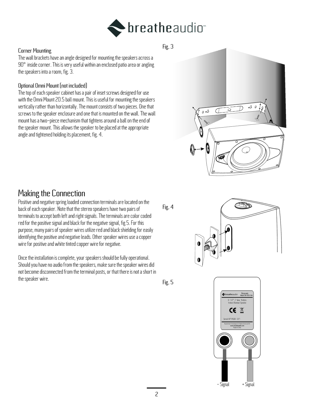 BreatheAudio BA-650-OB, BA-650-OW manual Making the Connection, Corner Mounting, Optional Omni Mount not included 