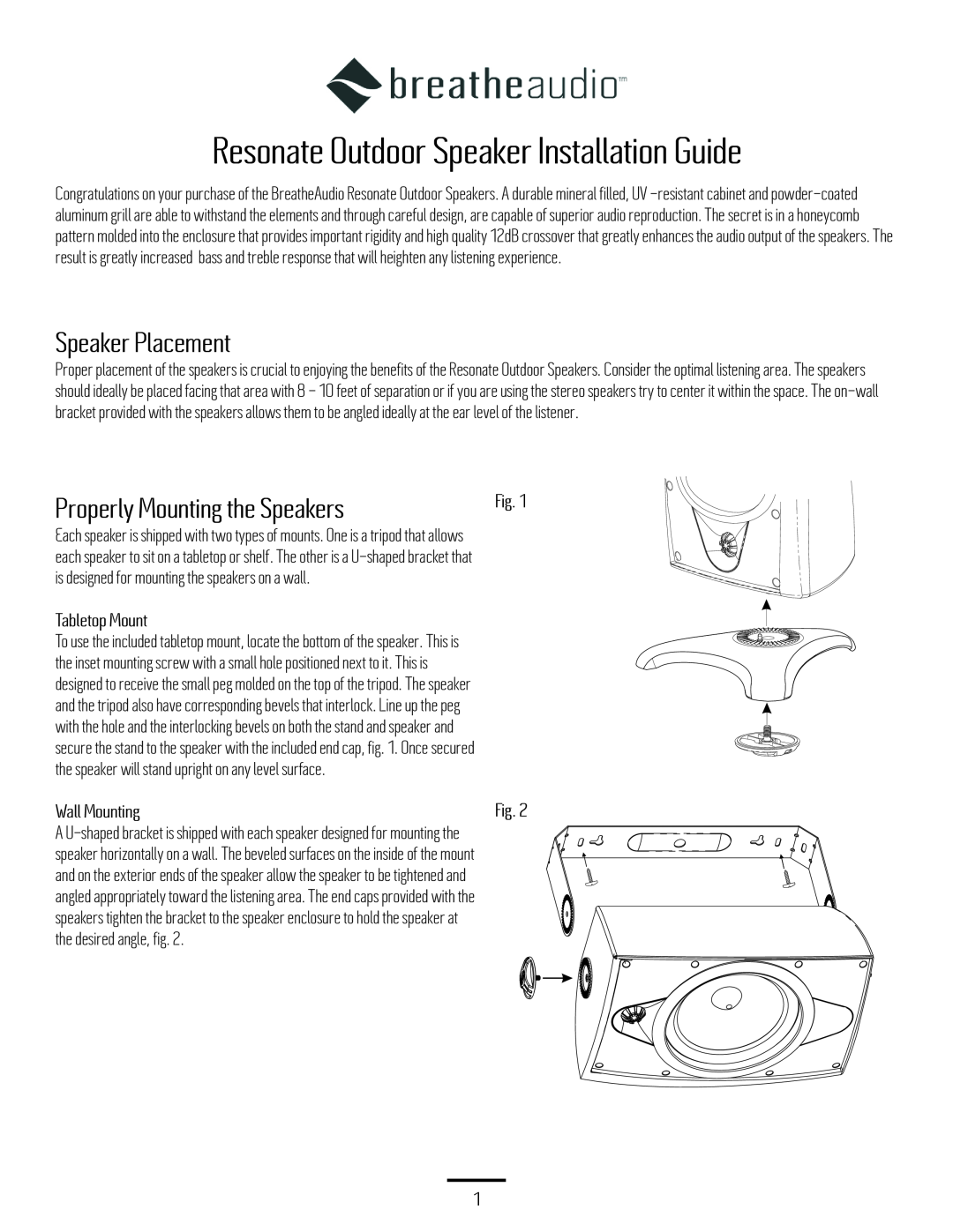 BreatheAudio BA-650-OW manual Speaker Placement, Properly Mounting the Speakers, Tabletop Mount, Wall Mounting, Fig. Fig 