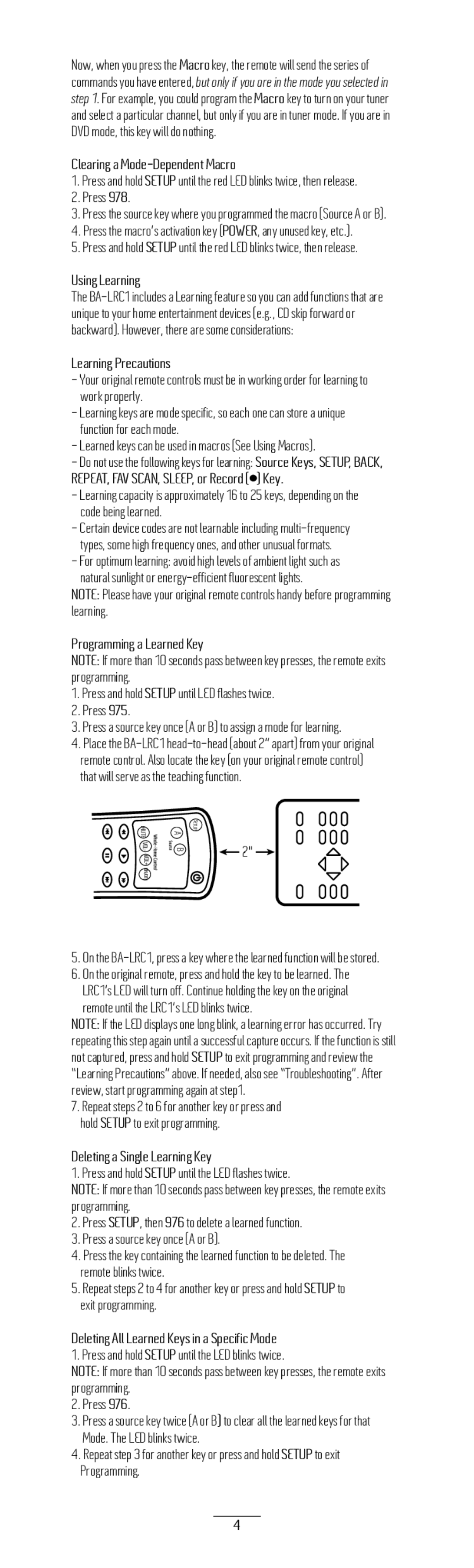 BreatheAudio BA-LRC1 Clearing a Mode-Dependent Macro, Using Learning, Learning Precautions, Programming a Learned Key 