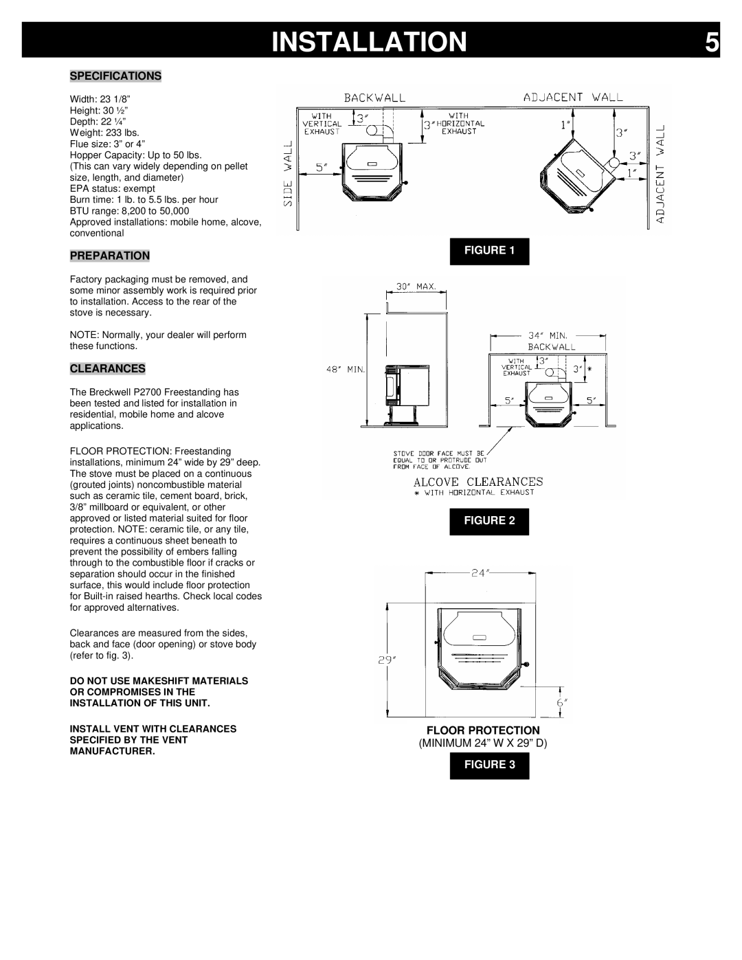 Breckwell Breckwell Hearth Products LUXURY SERIES Installation, Specifications, Preparation, Clearances, Floor Protection 