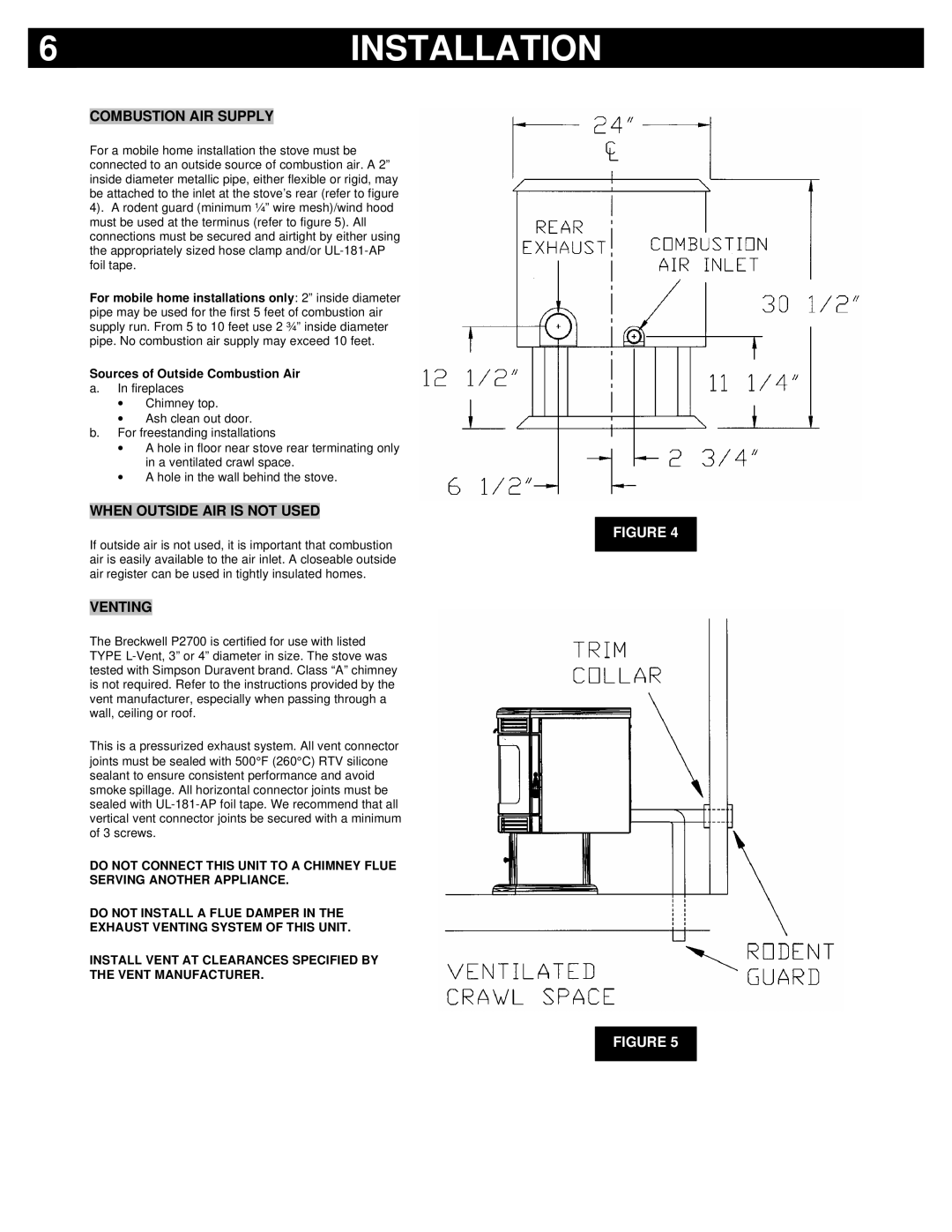 Breckwell P2700 owner manual INSTALLATION9, Combustion AIR Supply, When Outside AIR is not Used, Venting 