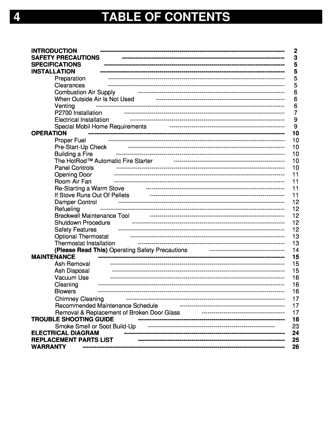 Breckwell P2700, Breckwell Hearth Products LUXURY SERIES owner manual Table Of Contents 