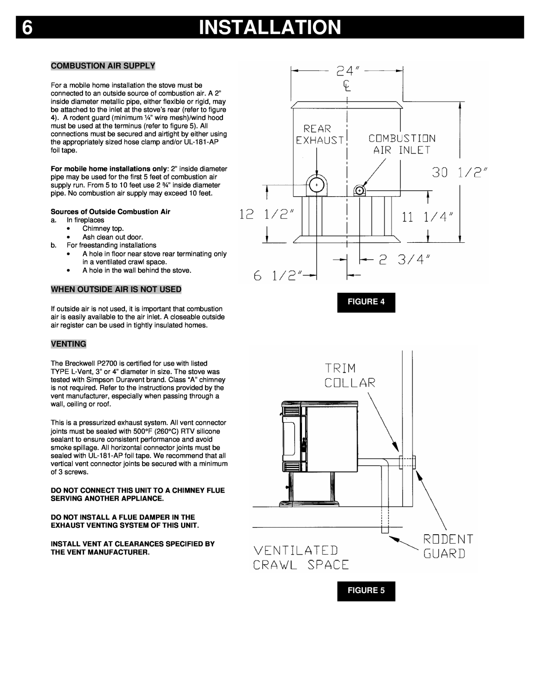 Breckwell P2700 owner manual INSTALLATION9, Combustion Air Supply, When Outside Air Is Not Used, Venting, Figure Figure 